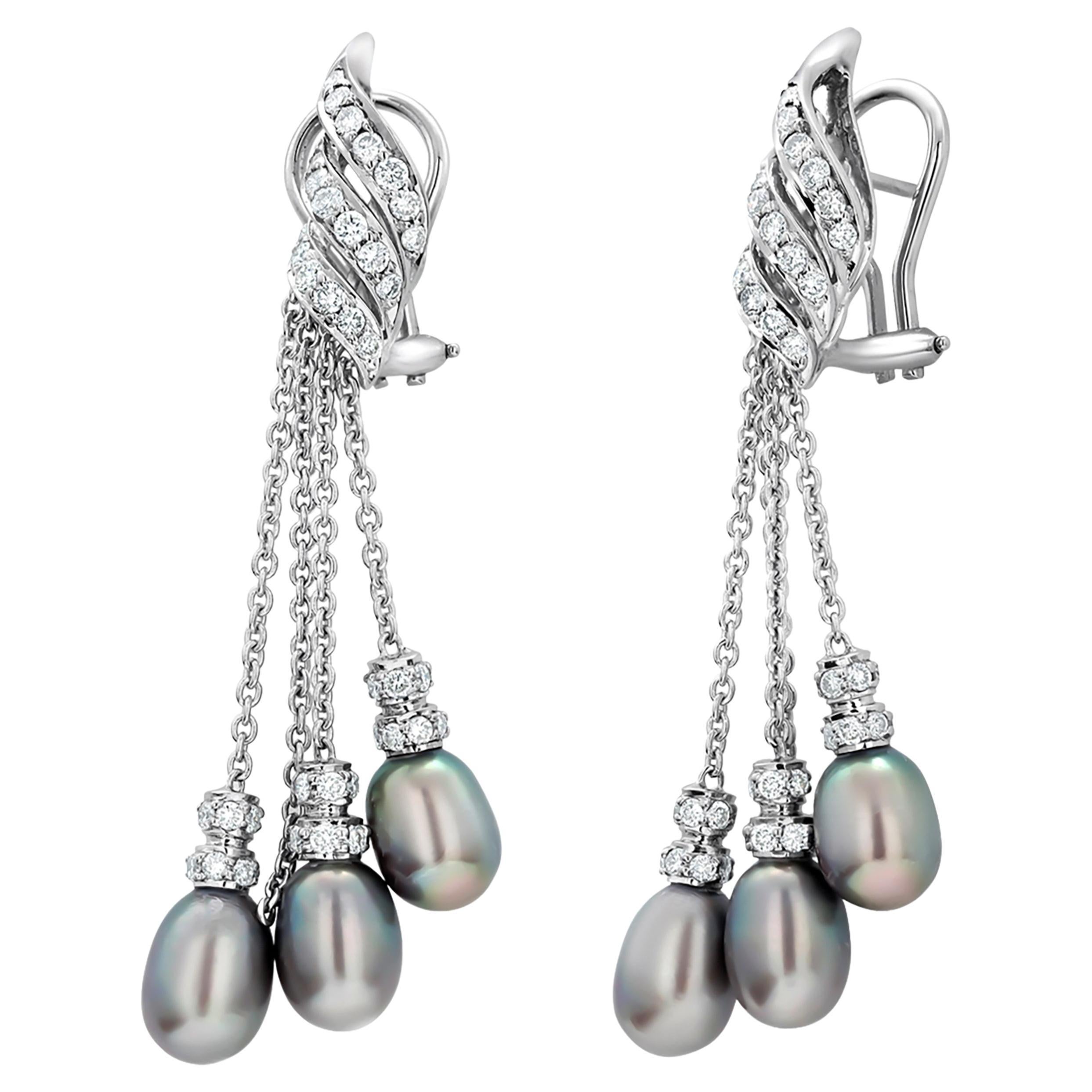 Fourteen Karat White Gold Drop Earrings Natural Gray Pearls and Diamond Pendants