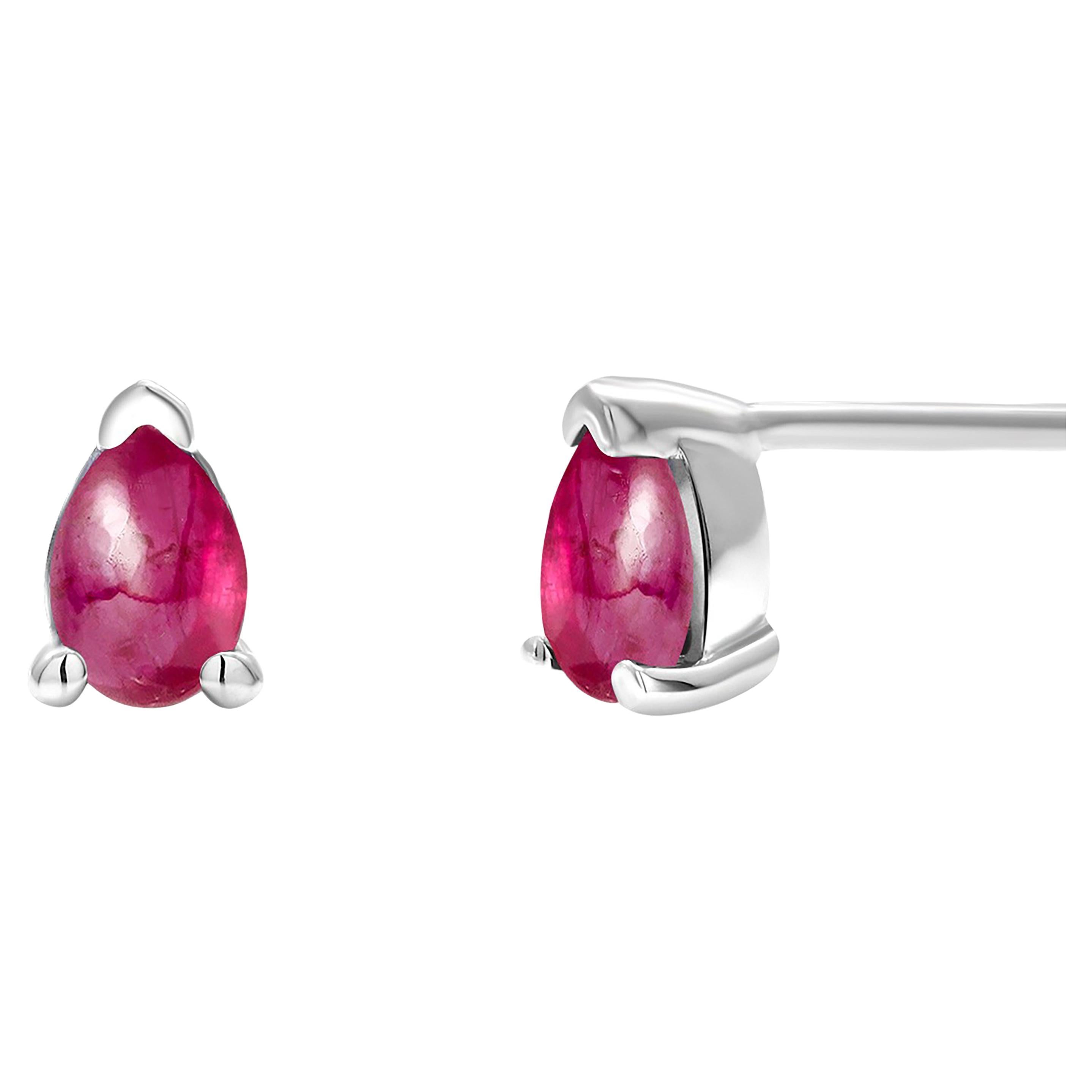 Fourteen Karat White Gold Pear Shape Cabochon Ruby Stud Earrings