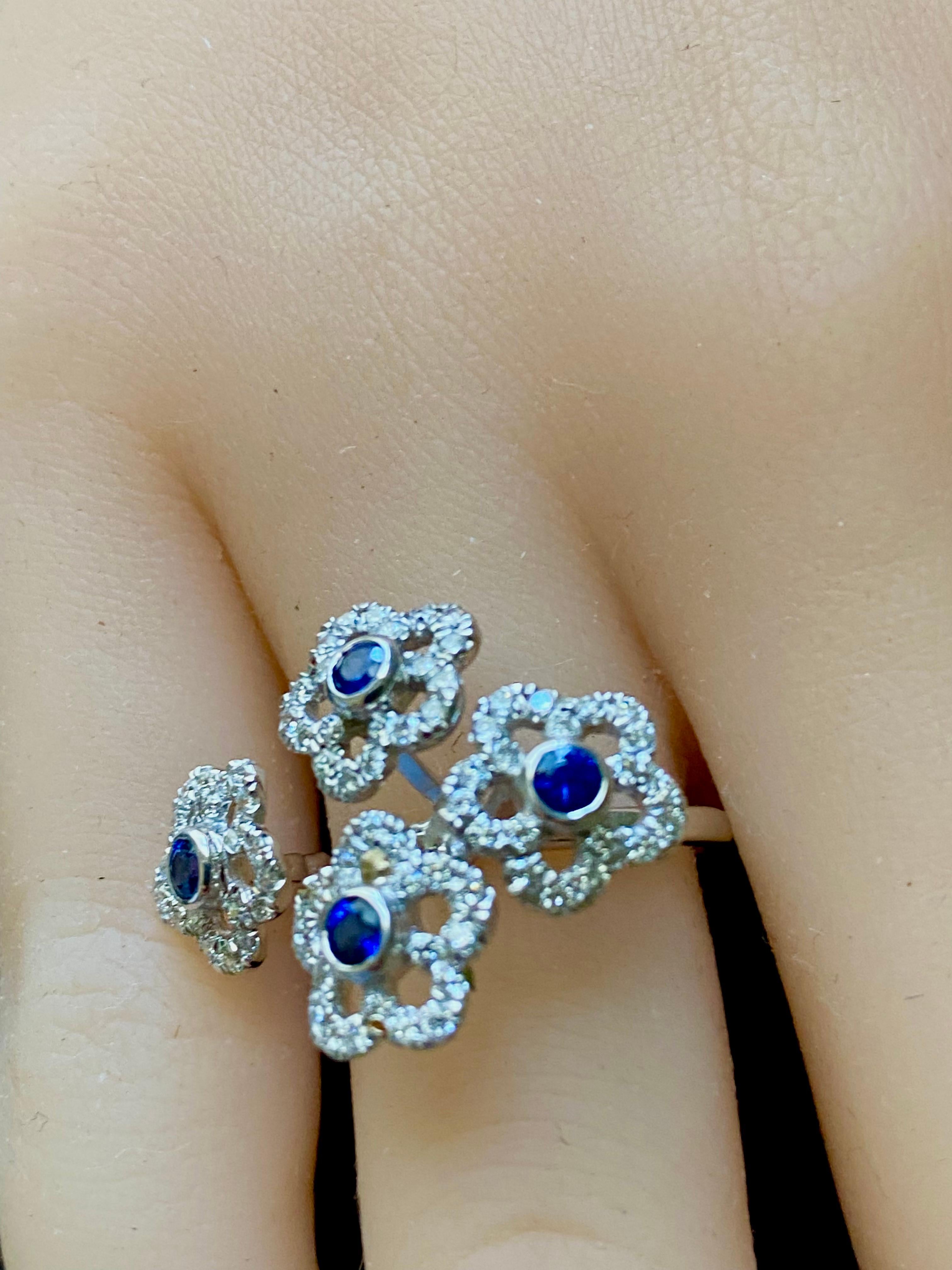 Fourteen Karat White Gold Split Shank Sapphire and Diamond Cluster Ring In New Condition In New York, NY