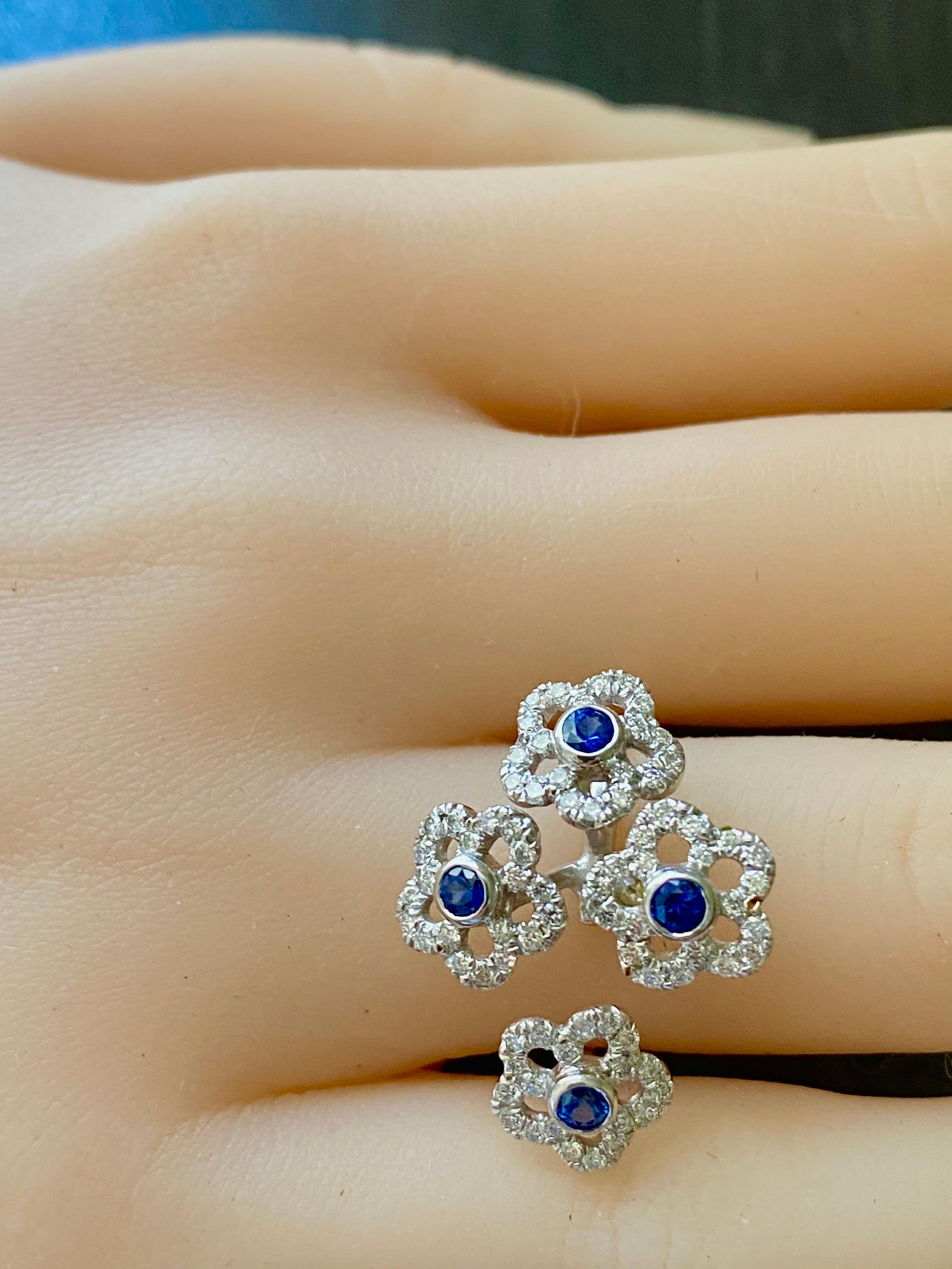 Women's Fourteen Karat White Gold Split Shank Sapphire and Diamond Cluster Ring
