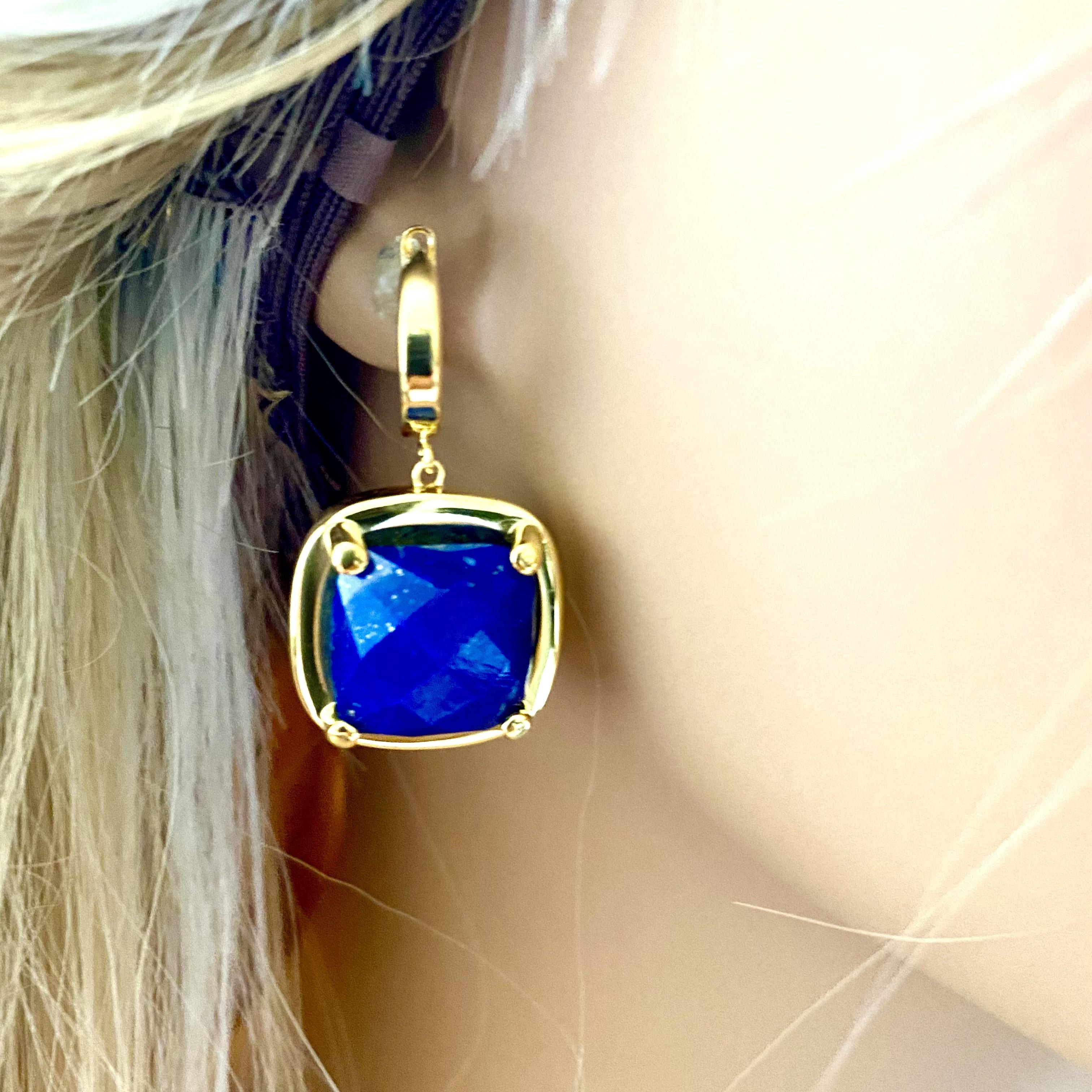 Modern Fourteen Karat Yellow Gold and Sterling Silver Cushion Lapis Lazuli Earrings