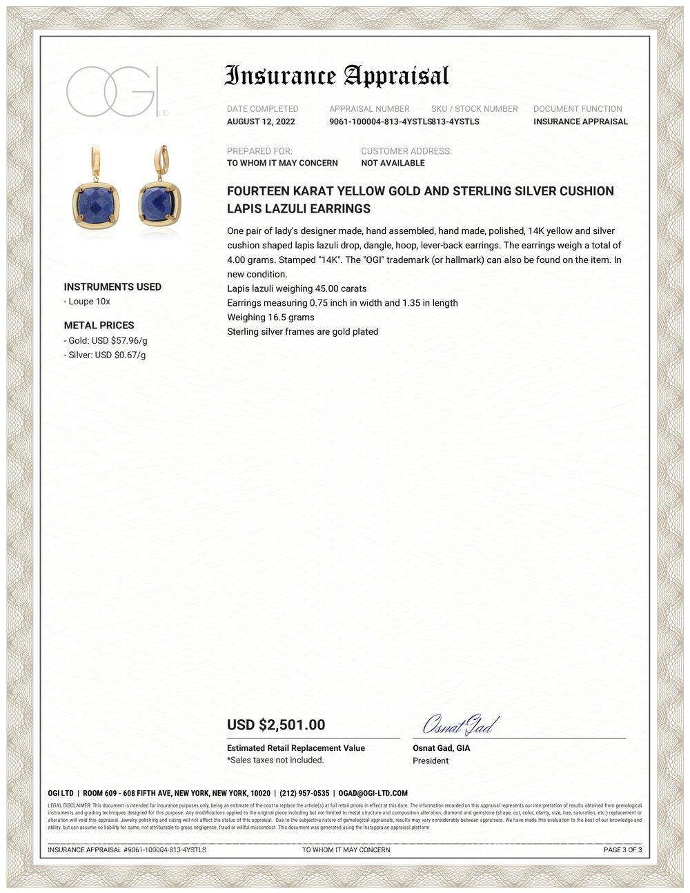 Fourteen karat yellow gold huggie earrings and sterling silver setting with two cushion shaped lapis lazuli drops
Two Lapis Lazuli weighing 45 carats
Earrings measuring 0.75 inch in width and 1.35 in length
Weighing 16.5 grams
Sterling silver frames