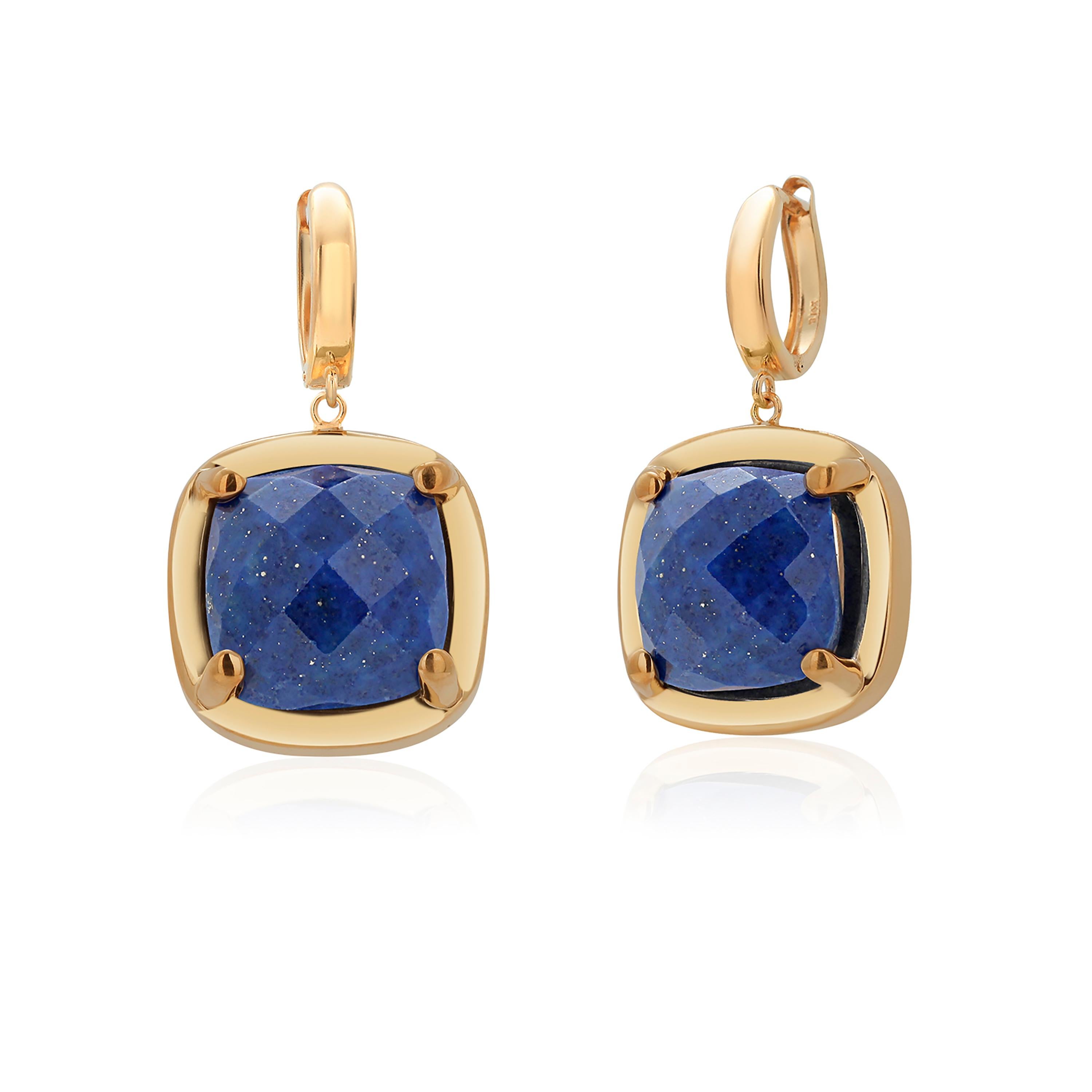 Cushion Cut Fourteen Karat Yellow Gold and Sterling Silver Cushion Lapis Lazuli Earrings