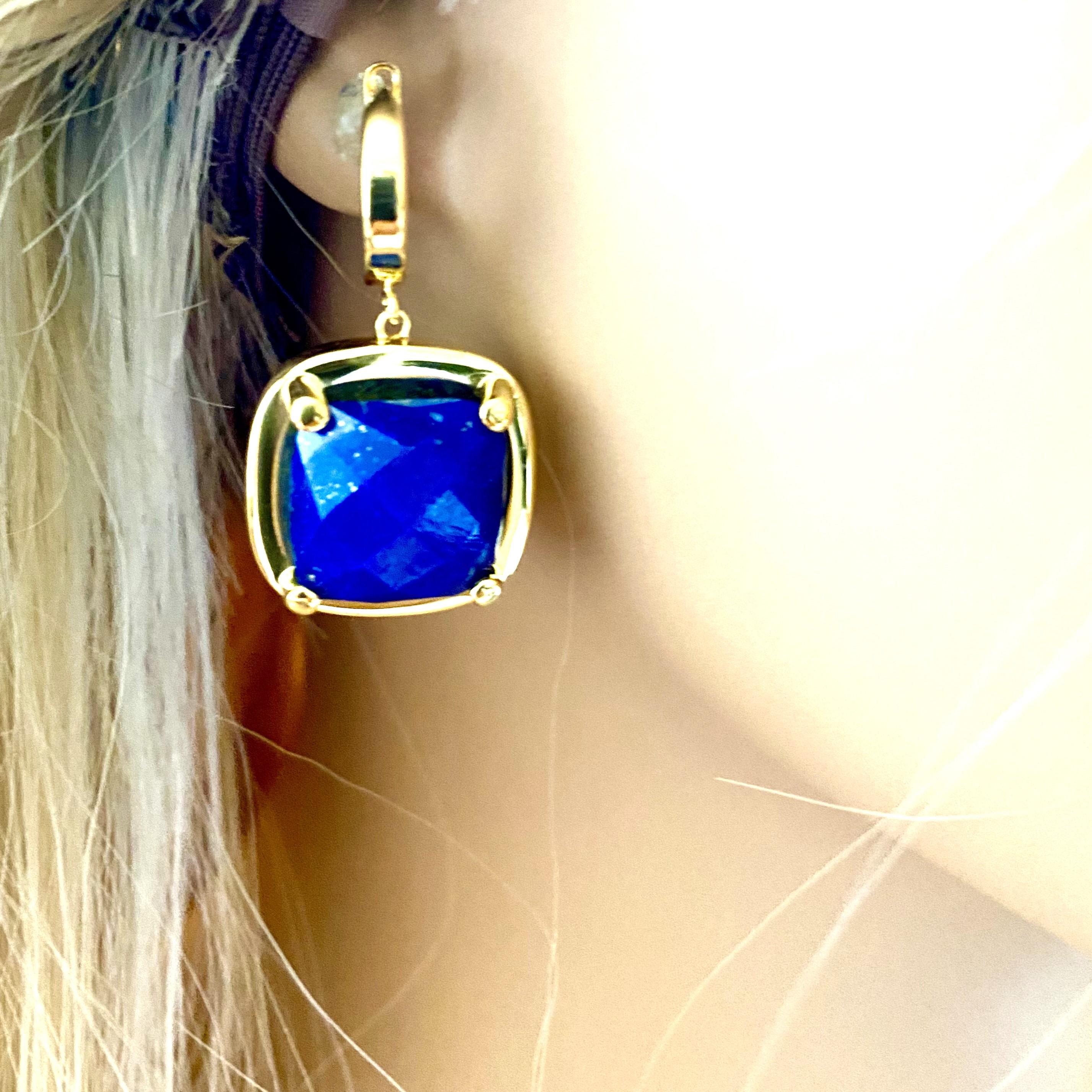 Fourteen Karat Yellow Gold and Sterling Silver Cushion Lapis Lazuli Earrings In New Condition In New York, NY