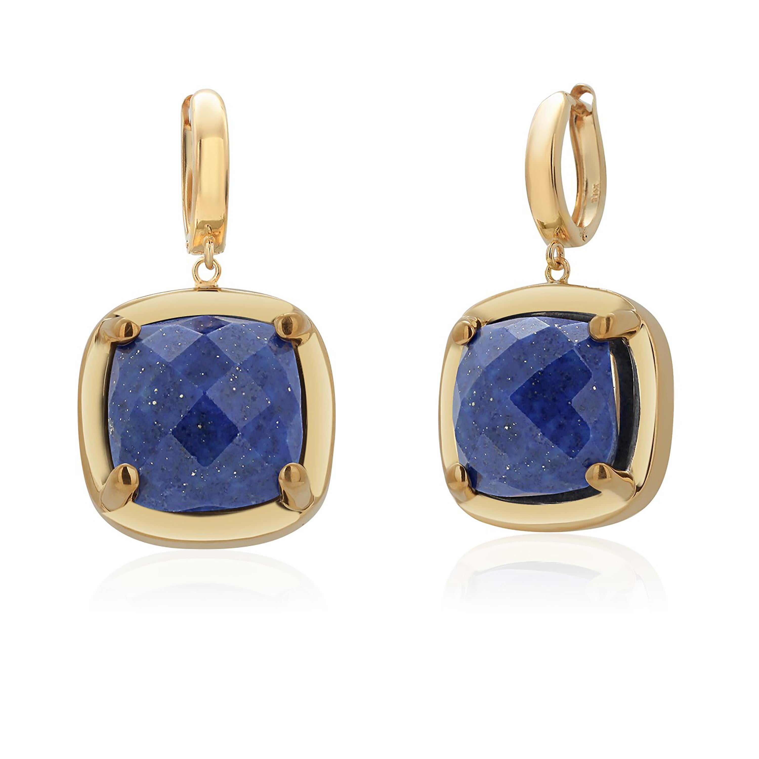 Women's or Men's Fourteen Karat Yellow Gold and Sterling Silver Cushion Lapis Lazuli Earrings