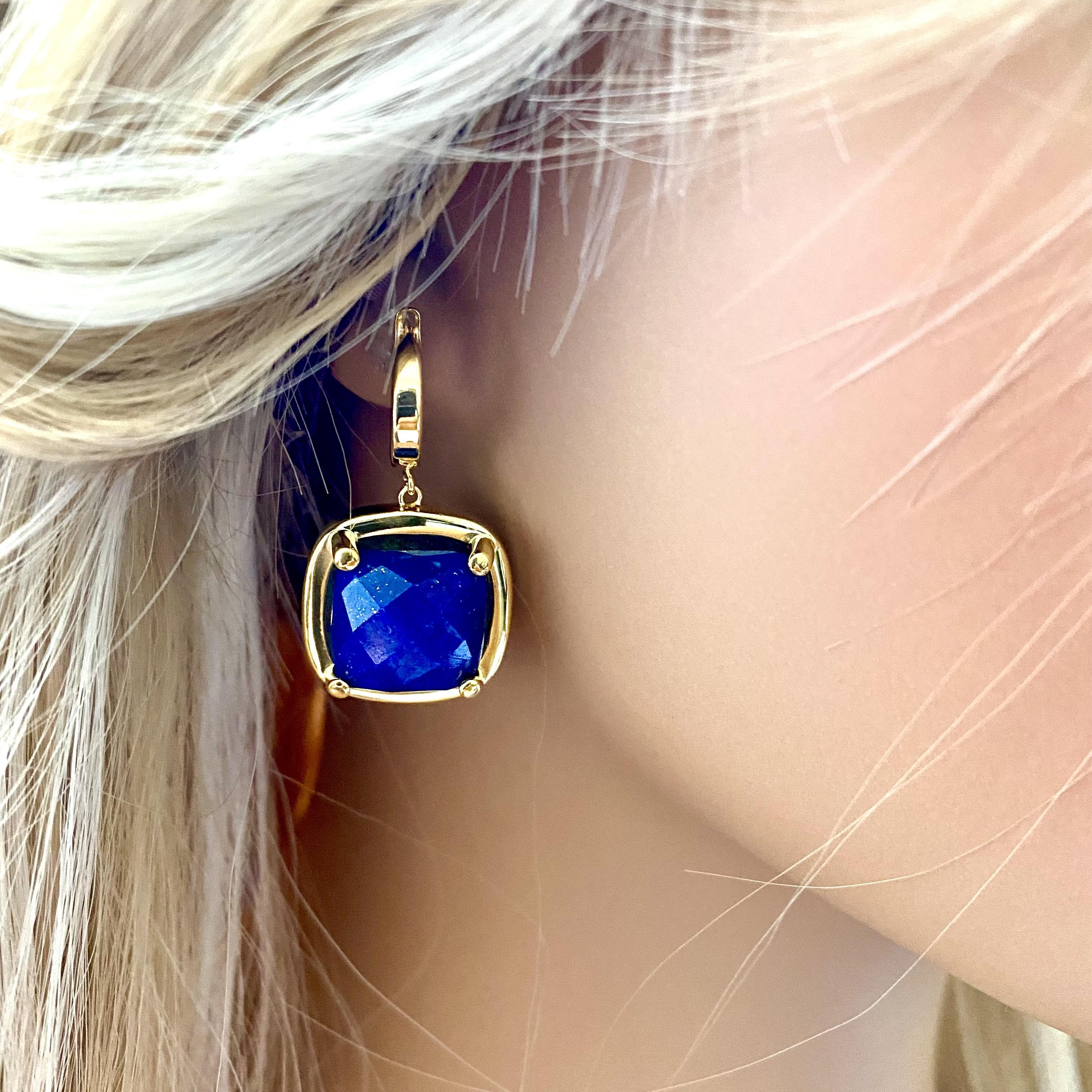 Fourteen Karat Yellow Gold and Sterling Silver Cushion Lapis Lazuli Earrings 1