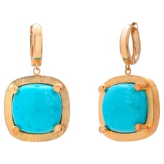 Fourteen Karat Yellow Gold and Sterling Silver Large Cushion Turquoise Earrings 
