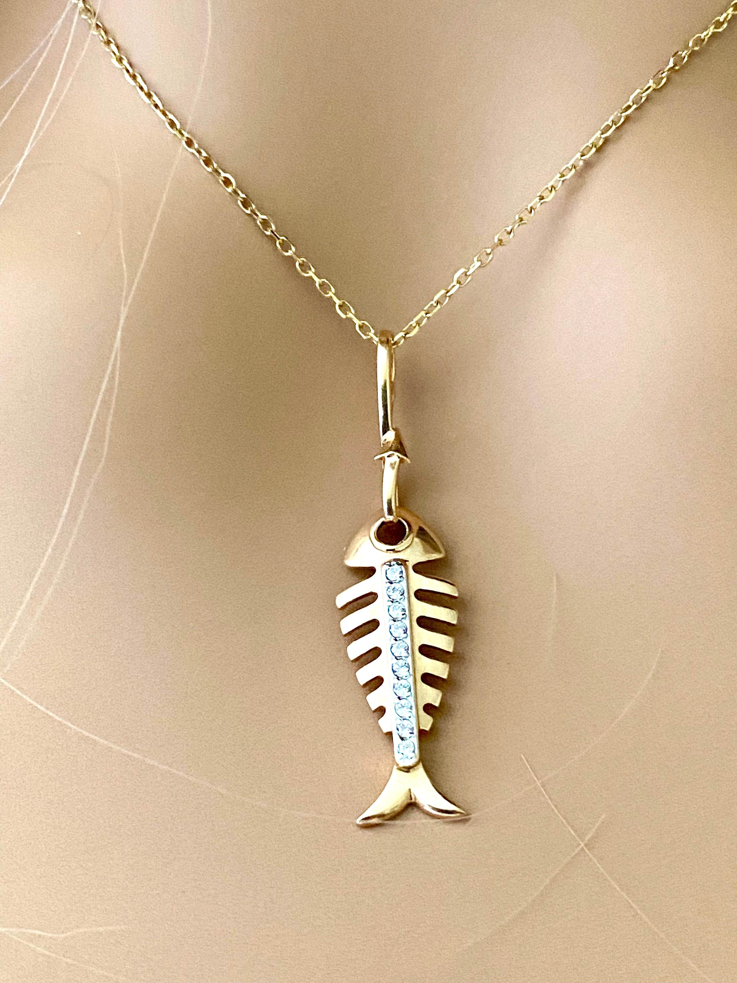 Contemporary Fourteen Karat Yellow Gold Diamond Fish Charm Necklace Pendant