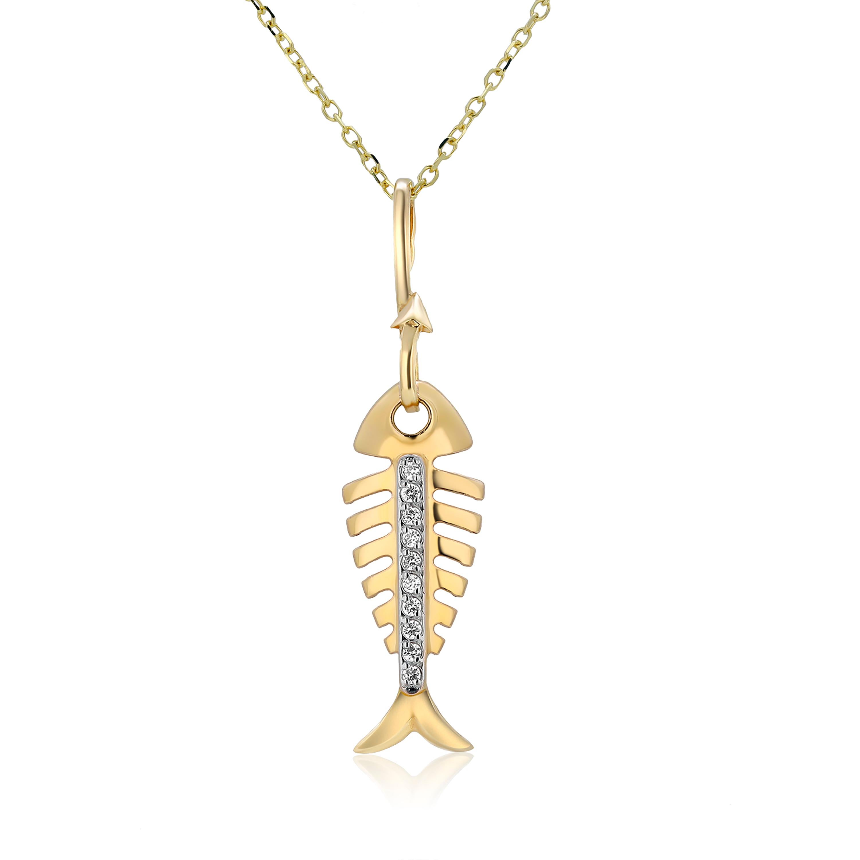 Round Cut Fourteen Karat Yellow Gold Diamond Fish Charm Necklace Pendant