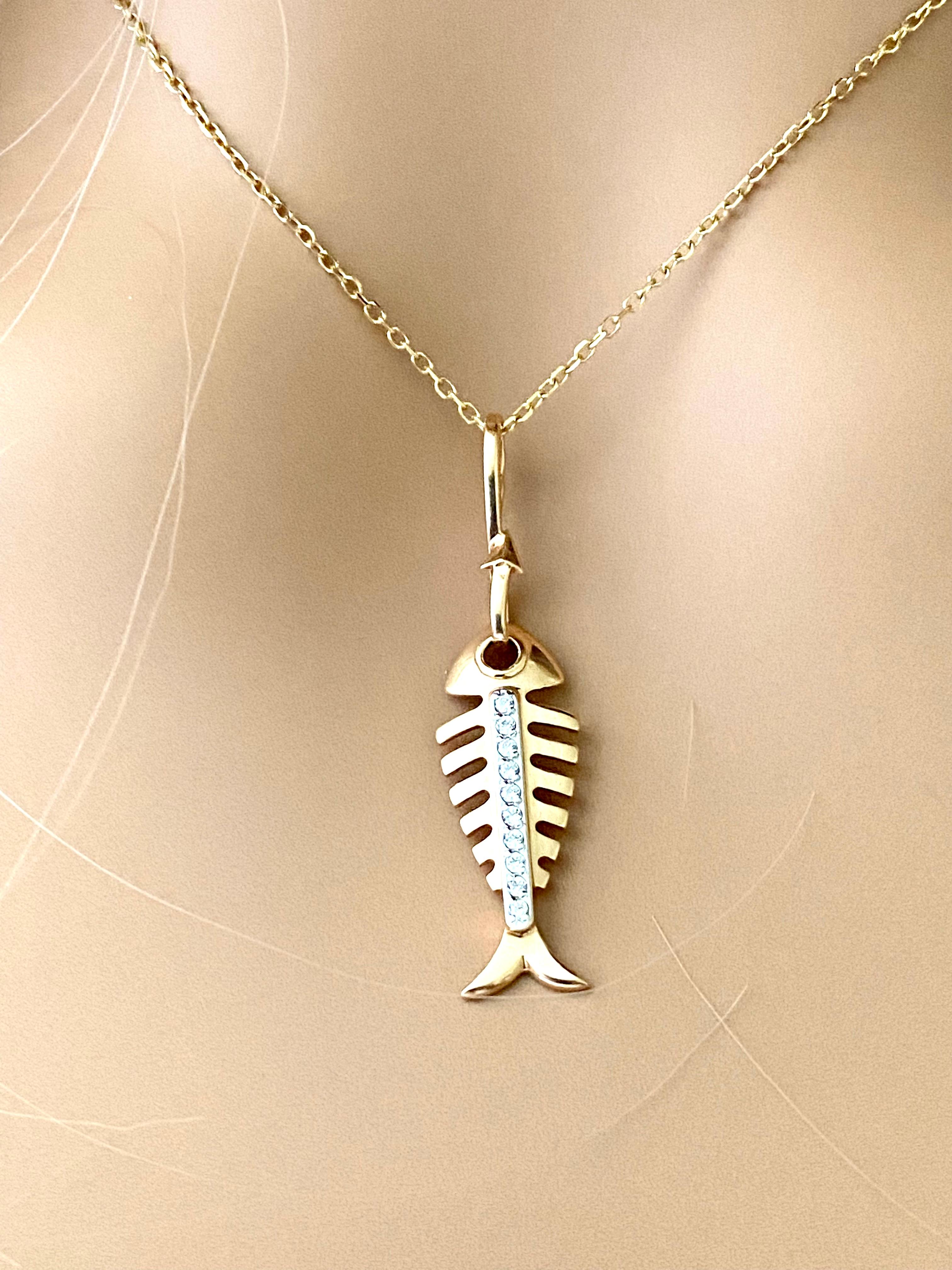 Women's or Men's Fourteen Karat Yellow Gold Diamond Fish Charm Necklace Pendant