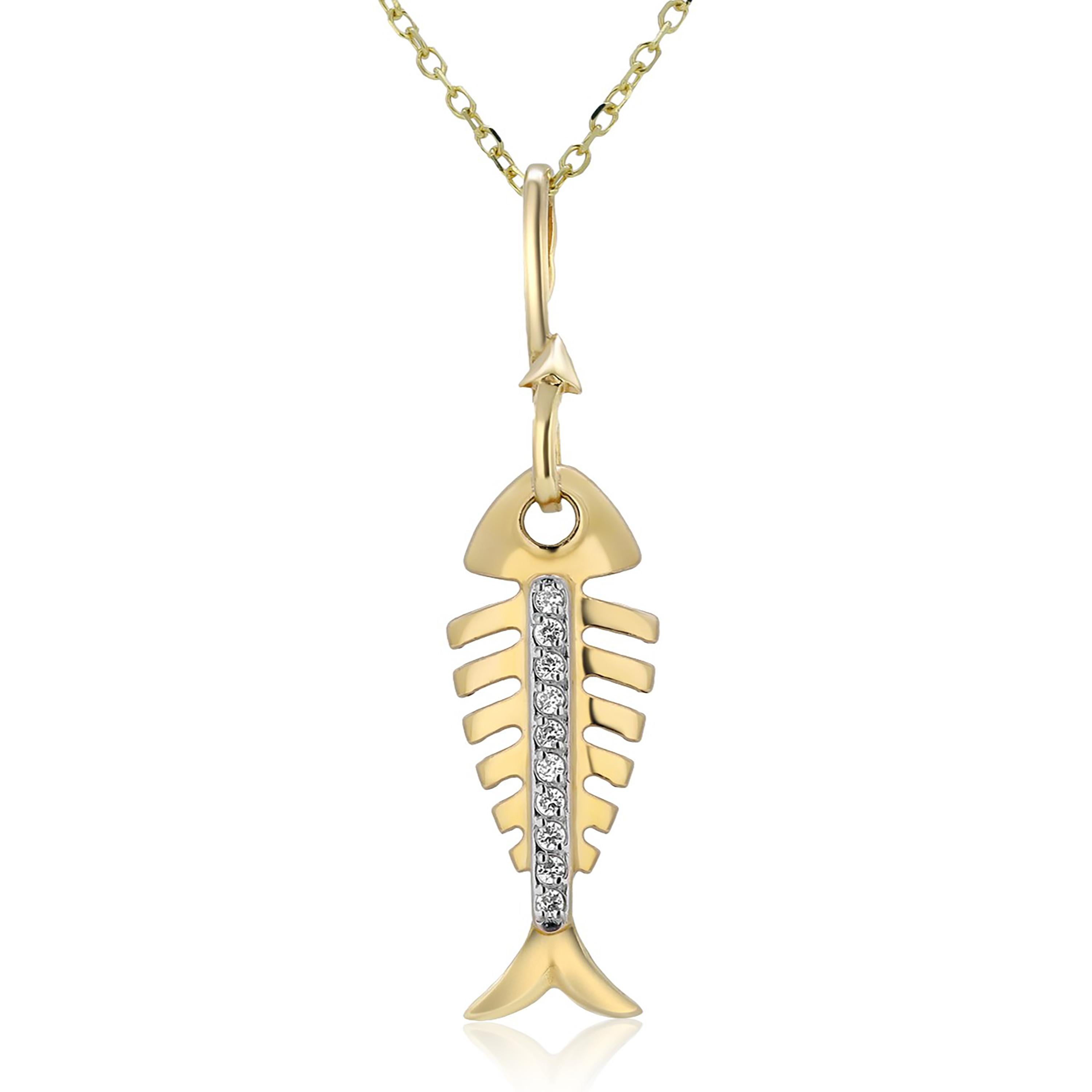Fourteen Karat Yellow Gold Diamond Fish Charm Necklace Pendant 1