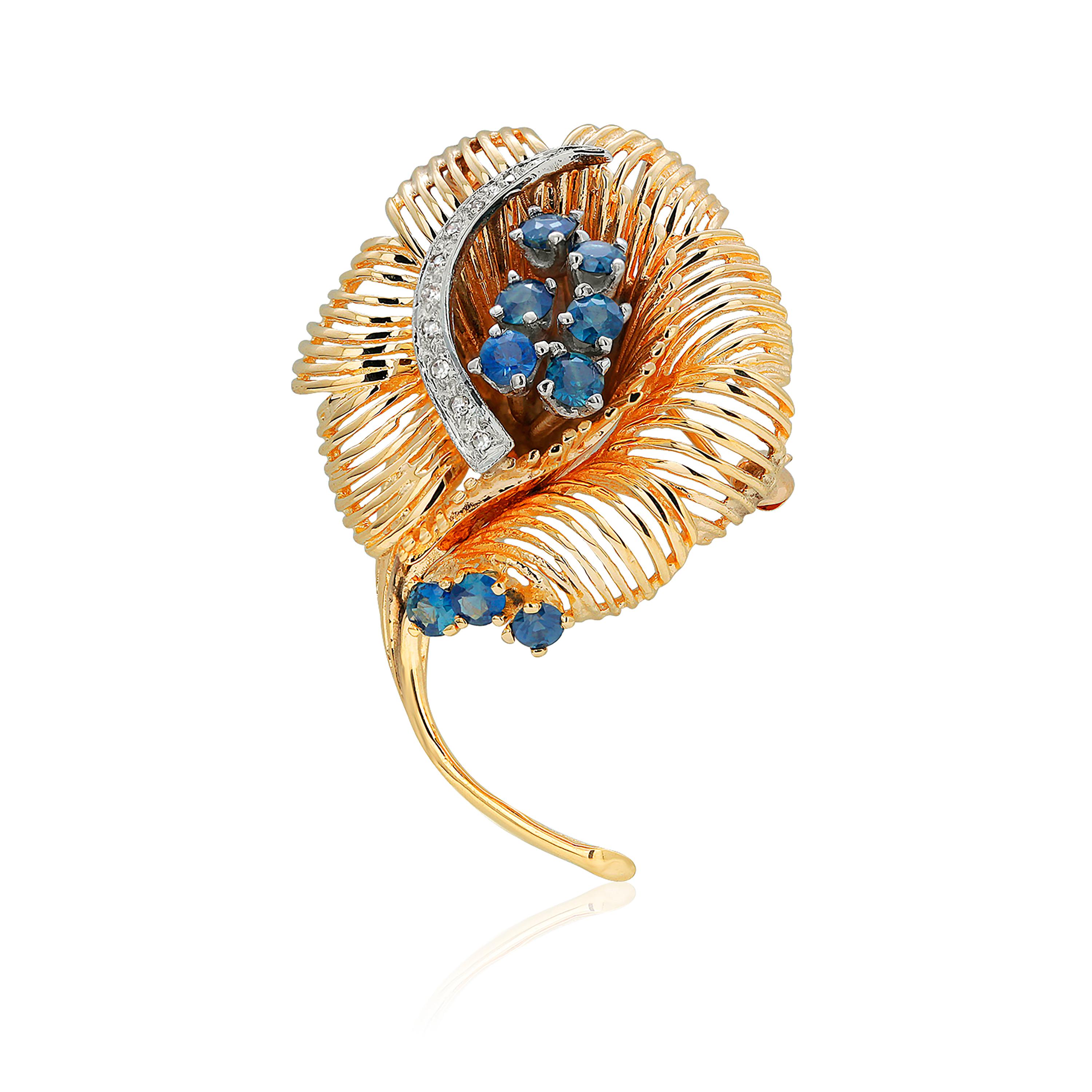 Single Cut Fourteen Karat Yellow Gold Floral Brooch Pendant with Diamonds and Sapphires