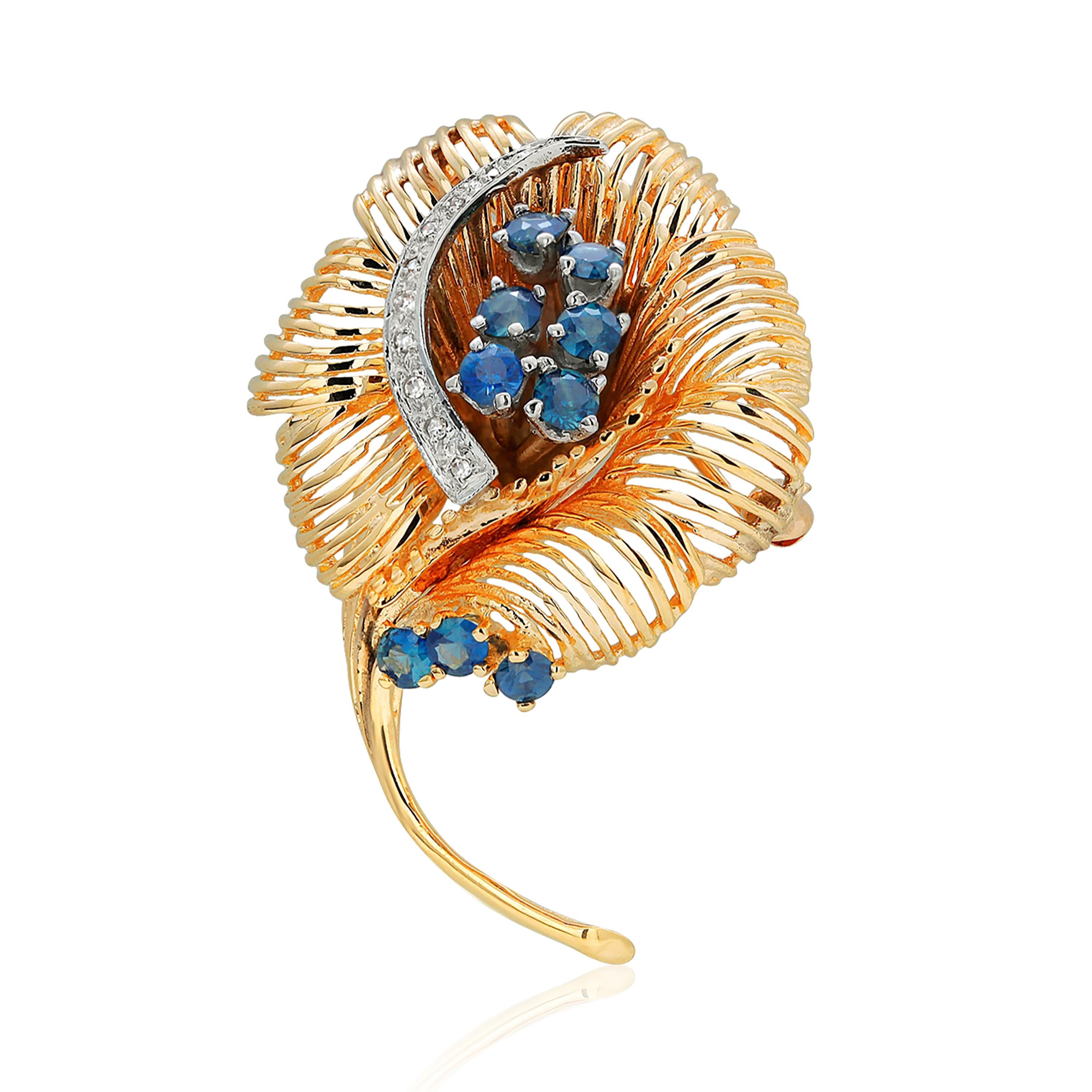 Women's or Men's Fourteen Karat Yellow Gold Floral Brooch Pendant with Diamonds and Sapphires