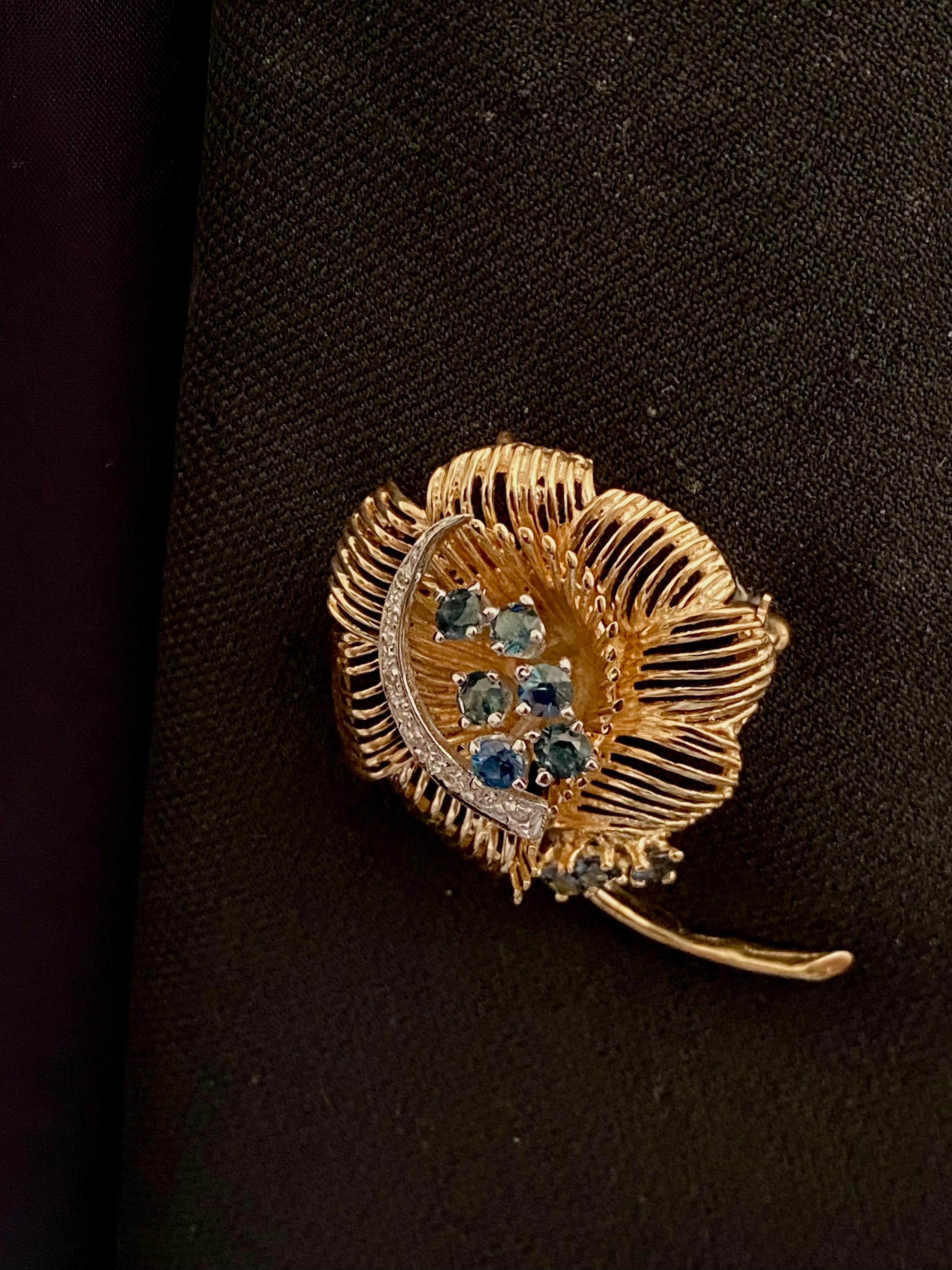 Retro Fourteen Karat Yellow Gold Floral Brooch Pendant with Diamonds and Sapphires