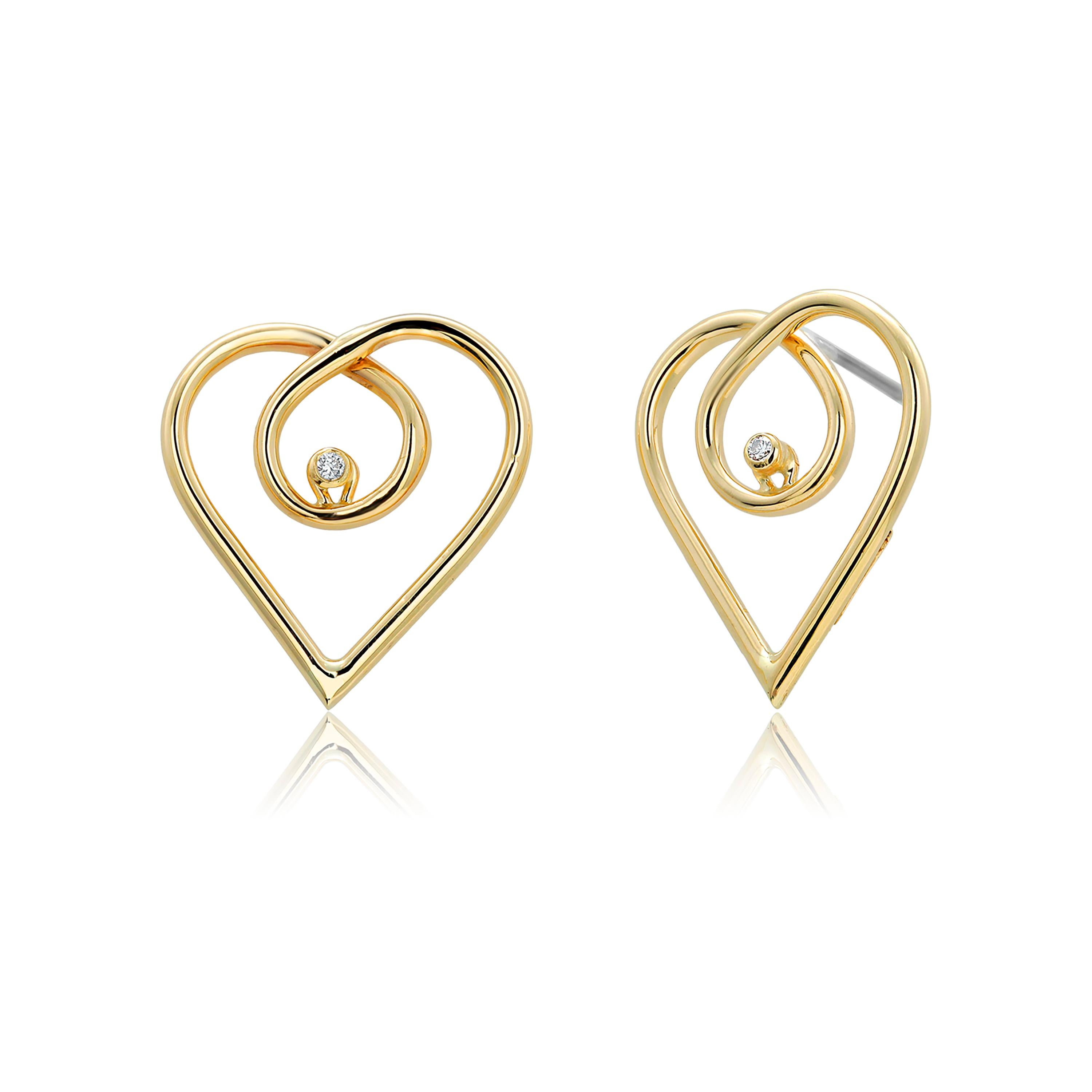 Modernist Diamond 0.10 Carat 14 Karat Yellow Gold Vintage Open Heart 1.10 Inch Earrings 
