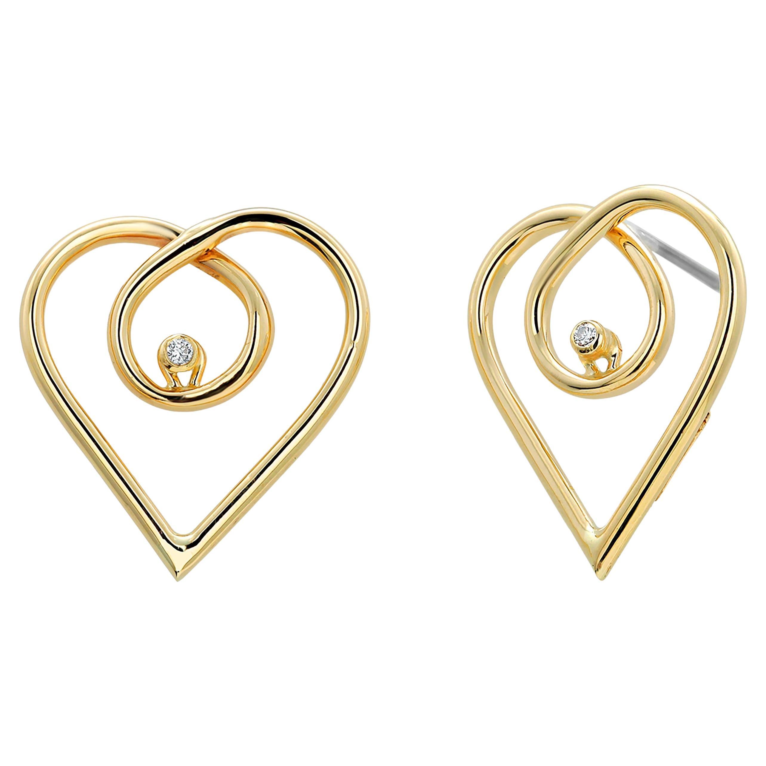 Diamond 0.10 Carat 14 Karat Yellow Gold Vintage Open Heart 1.10 Inch Earrings 