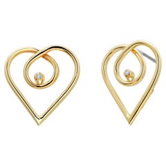 Fourteen Karat Yellow Gold Modernist Open Heart Earrings with Tiny Diamonds