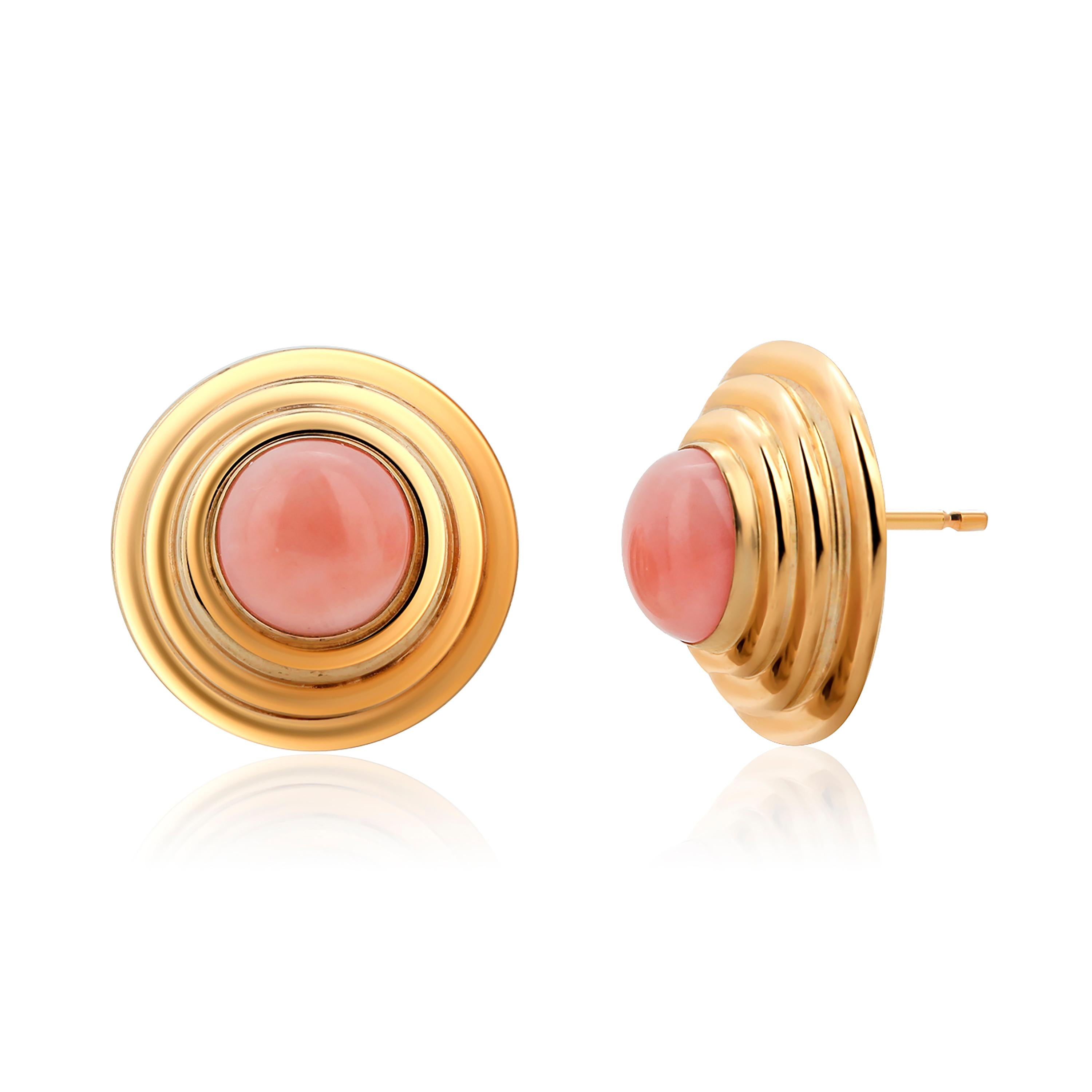 Round Cut  Natural Pink Coral Ribbed Stud Earrings set in Fourteen Karat Yellow Gold