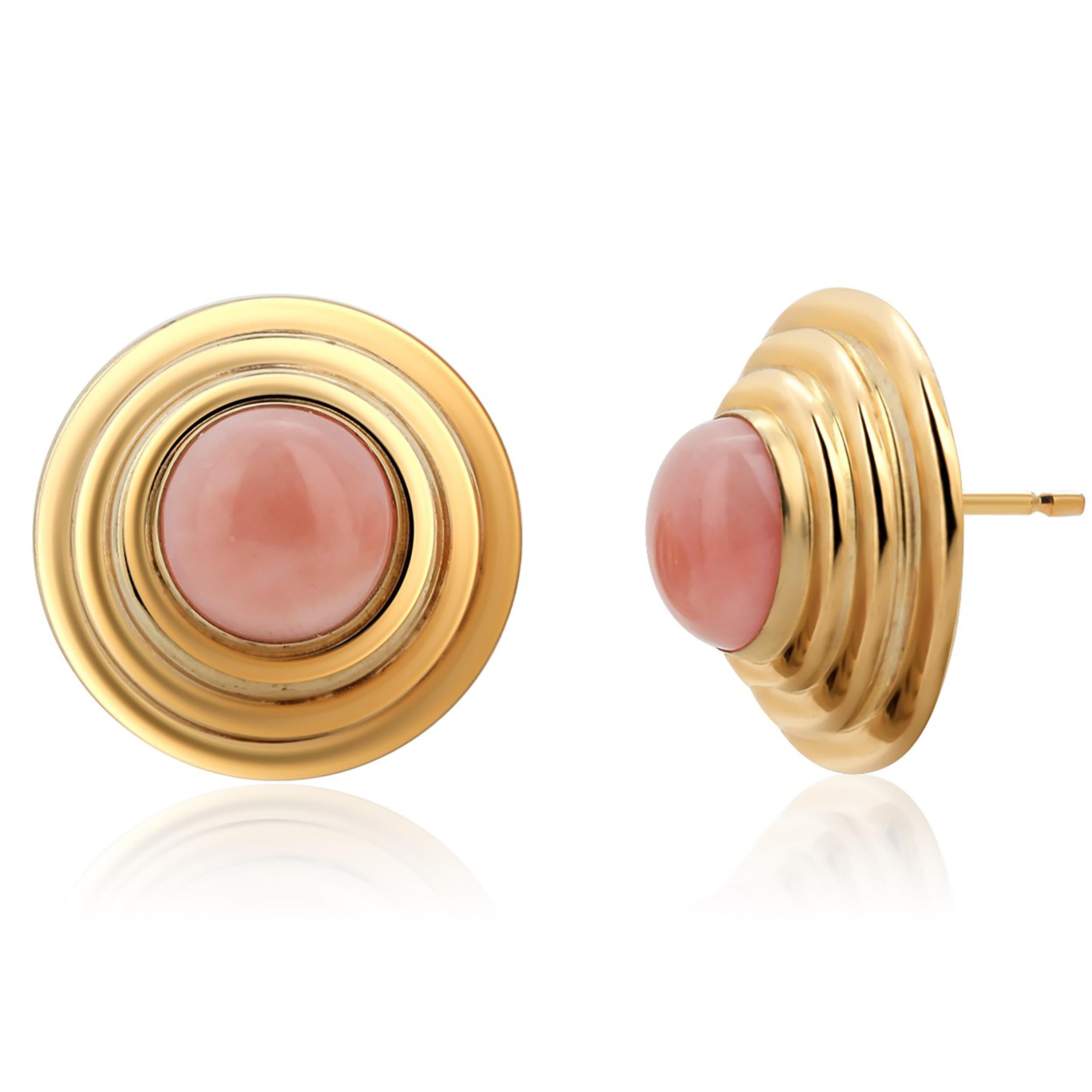 Women's or Men's  Natural Pink Coral Ribbed Stud Earrings set in Fourteen Karat Yellow Gold