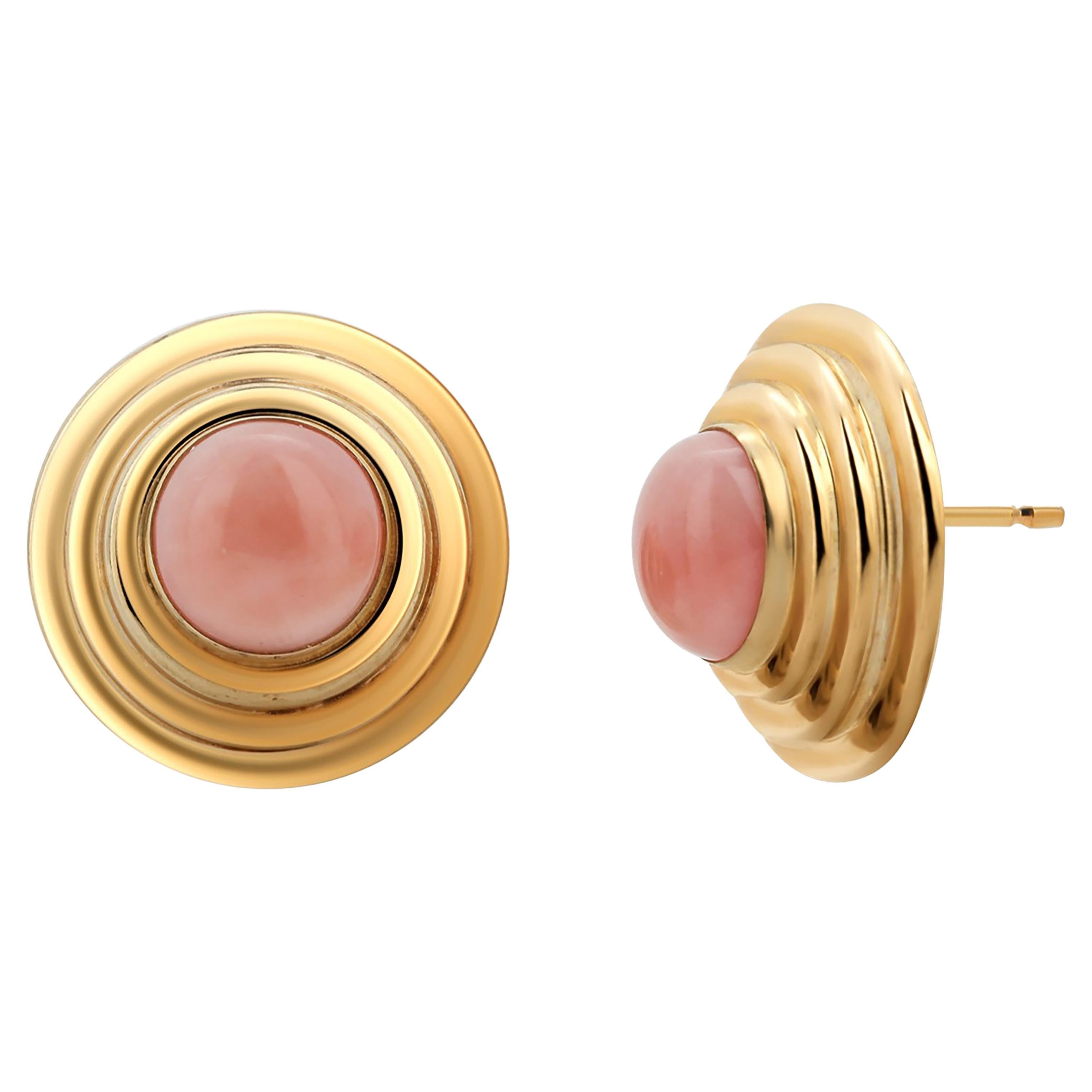  Natural Pink Coral Ribbed Stud Earrings set in Fourteen Karat Yellow Gold