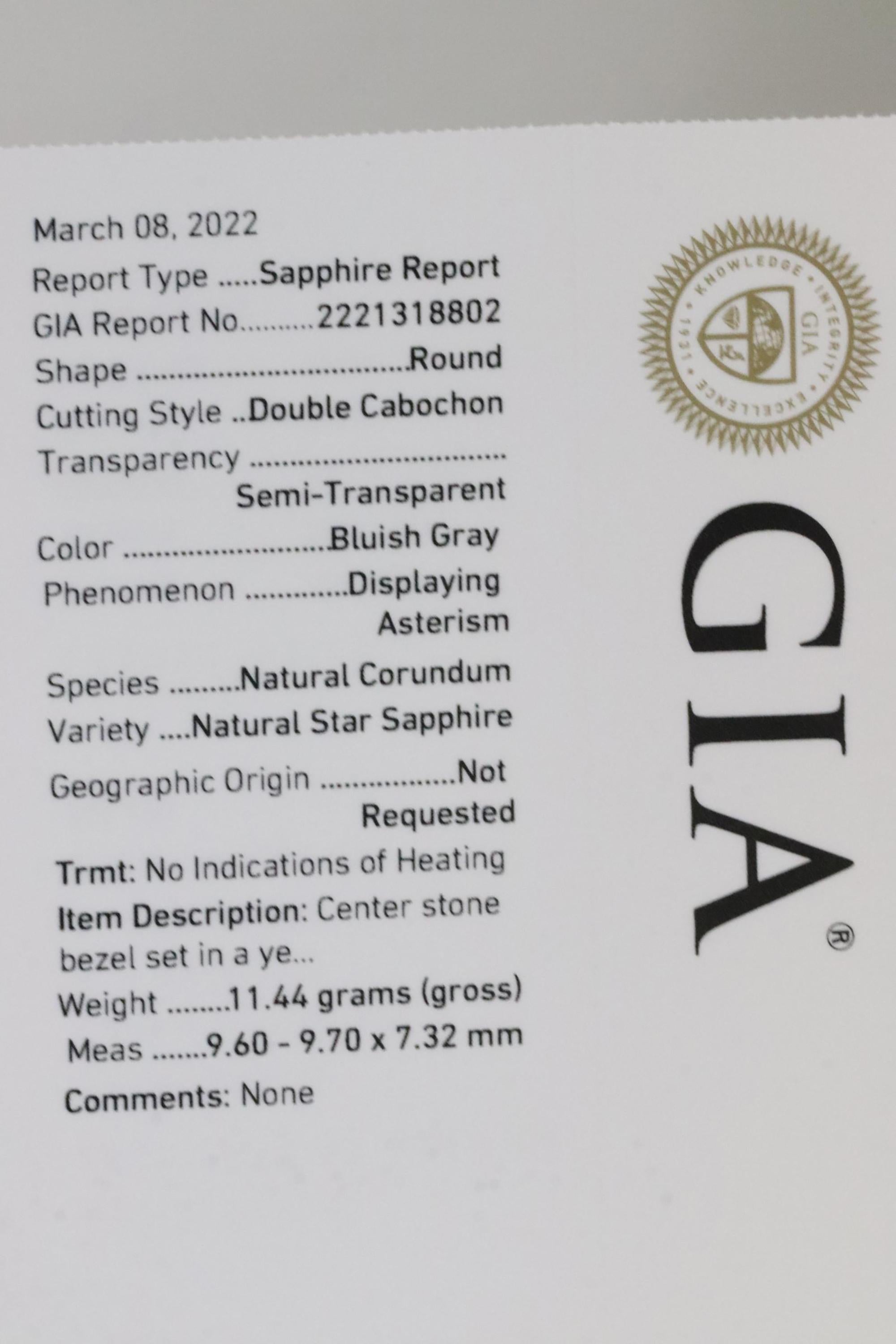 GIA Certified No Heat Ceylon Star Sapphire 7.35 Carat Finger Size 10 Dome Ring 7