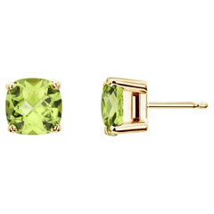 Fourteen Karat Yellow Gold Stud Earrings with Cushion Shaped Green Peridot