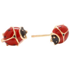 Fourteen Karats Yellow Gold Enamel Lady Bug Stud Earrings