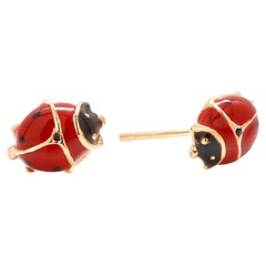 Fourteen Karats Yellow Gold Enamel Lady Bug Stud Earrings Handmade in  Italy