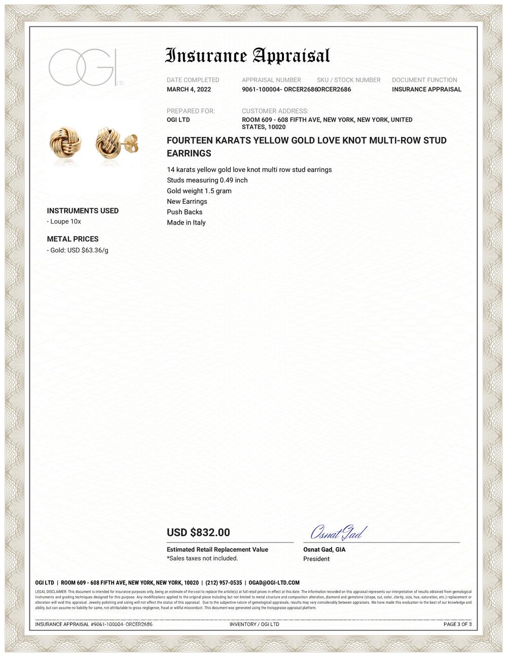 14 Karat Gelbgold Liebesknoten mehrreihige Ohrstecker
Bolzen von 0.50 Zoll
Goldgewicht 1,5 Gramm 
Auch in 14 Karat Weißgold erhältlich 
Neue Ohrringe
Push Backs
Hergestellt in Italien
Die Love Knot Ohrstecker aus 14-karätigem Gelbgold sind ein