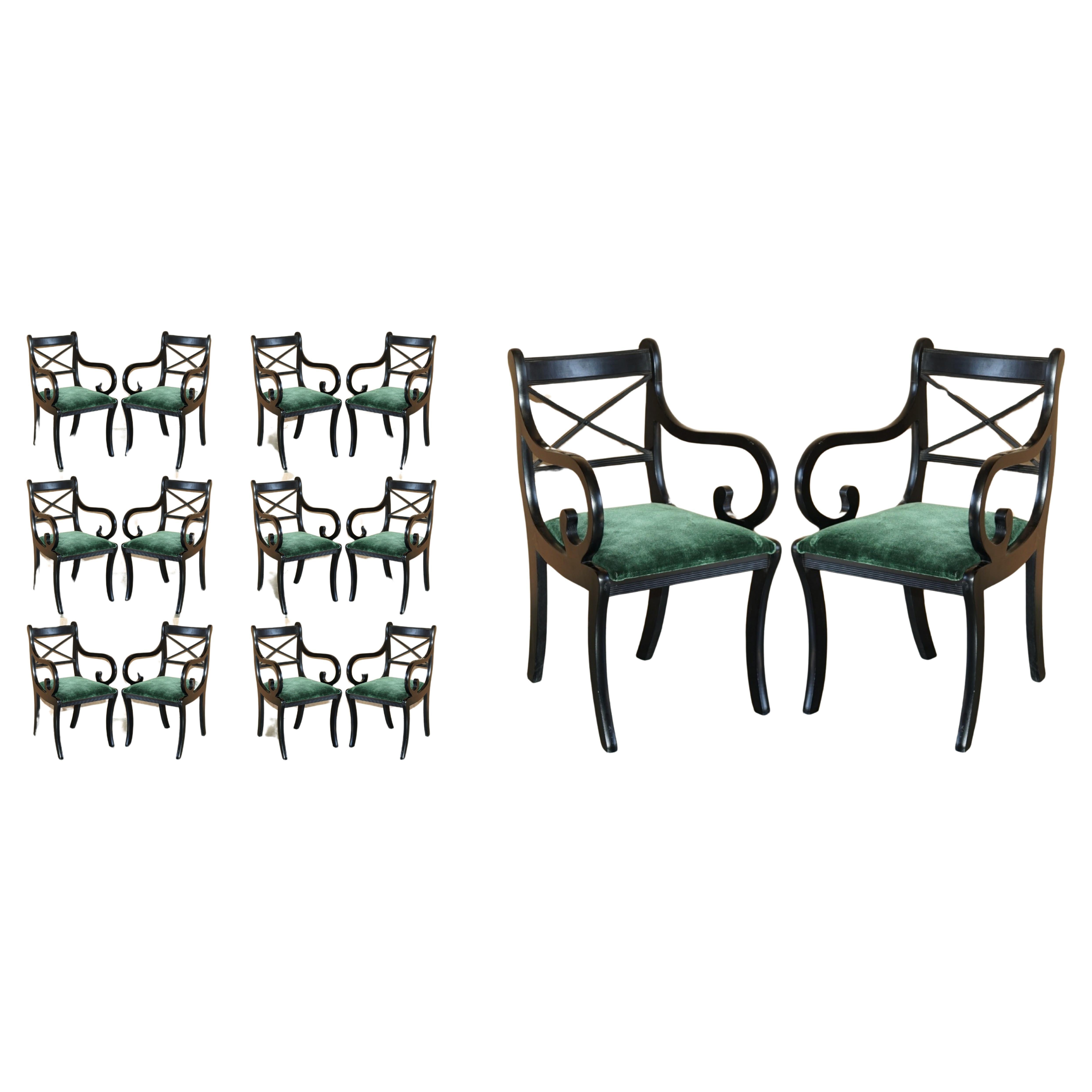 FOURTEEN ViNTAGE ENGLISH REGENCY EBONISED SABRE LEG GREEN VELVET DINING CHAIRS For Sale