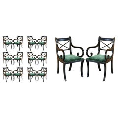 FOURTEEN ViNTAGE ENGLISH REGENCY EBONISED SABRE LEG GREEN VELVET DINING CHAIRS