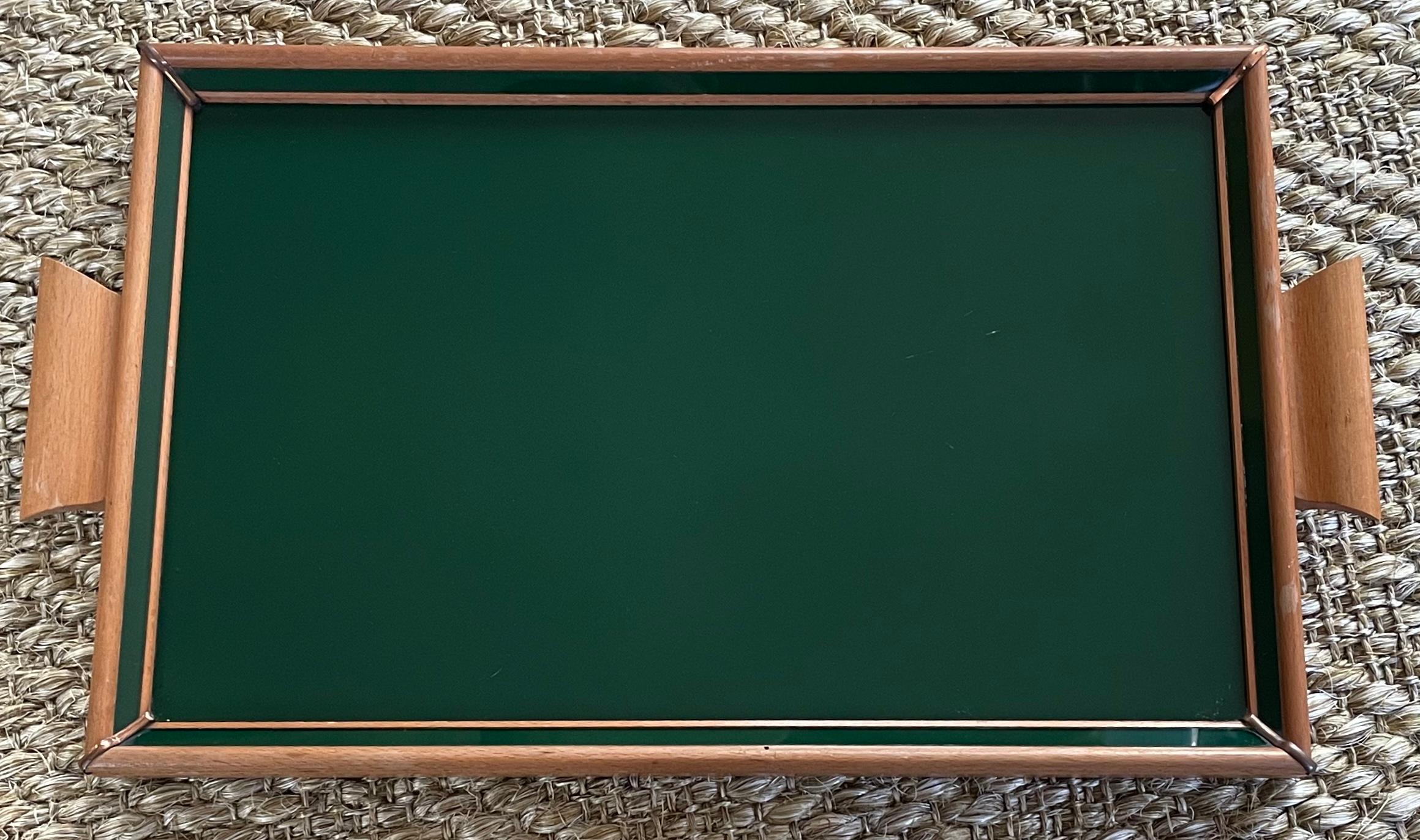 Painted Forties Italian Green Glass and Wood Tray For Sale