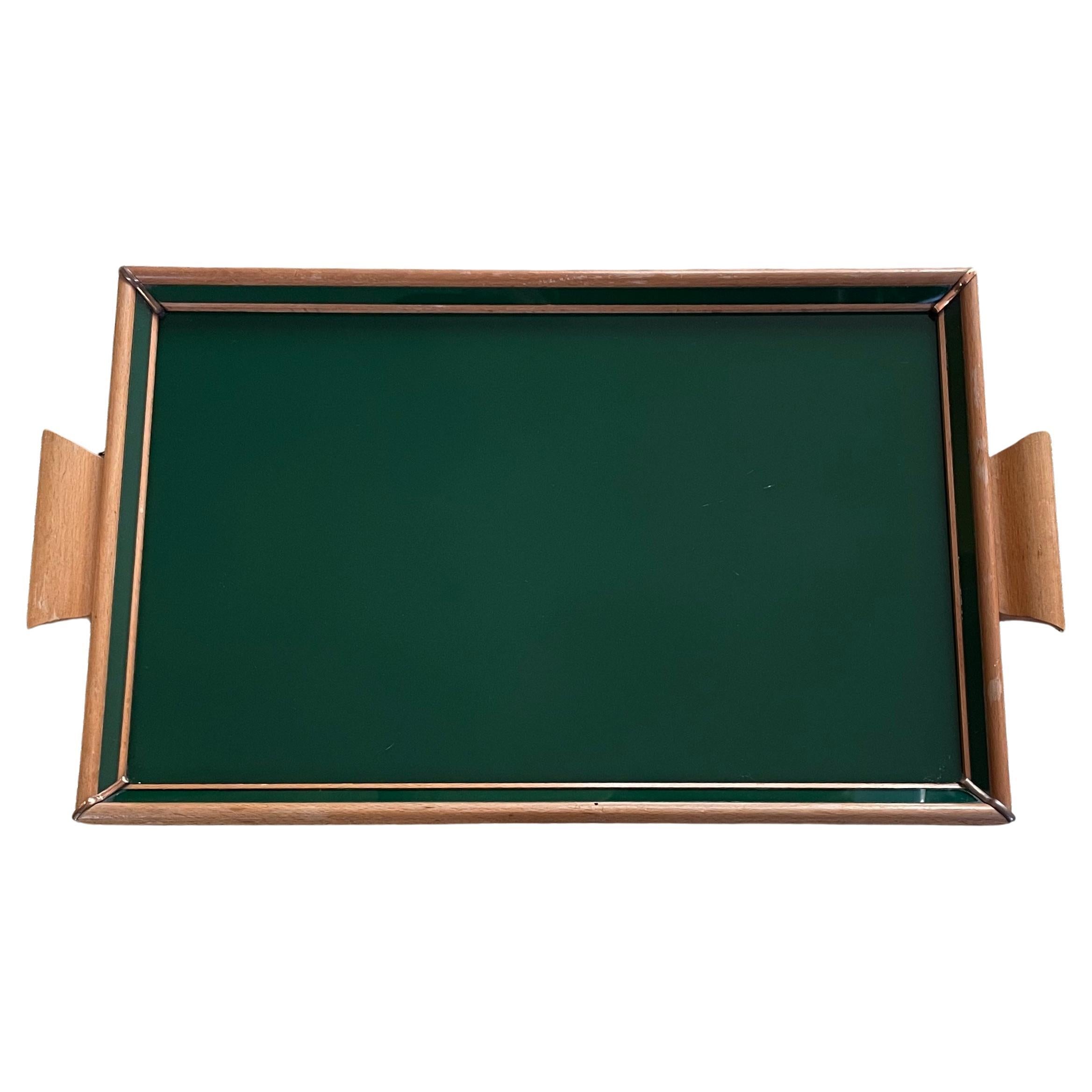 Forties Italian Green Glass and Wood Tray For Sale