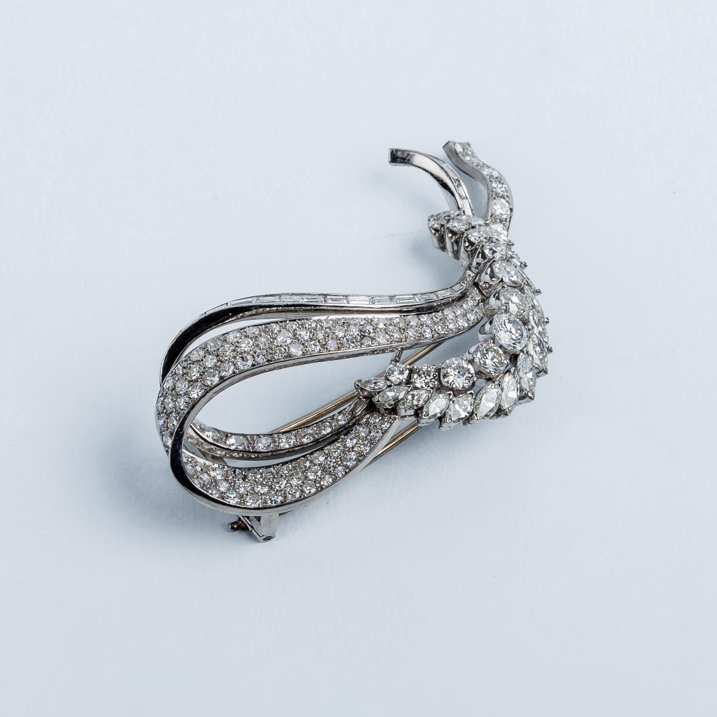 Artisan 1940s Spike Platinum Brooch with Marquisse and Baguette White Diamonds For Sale