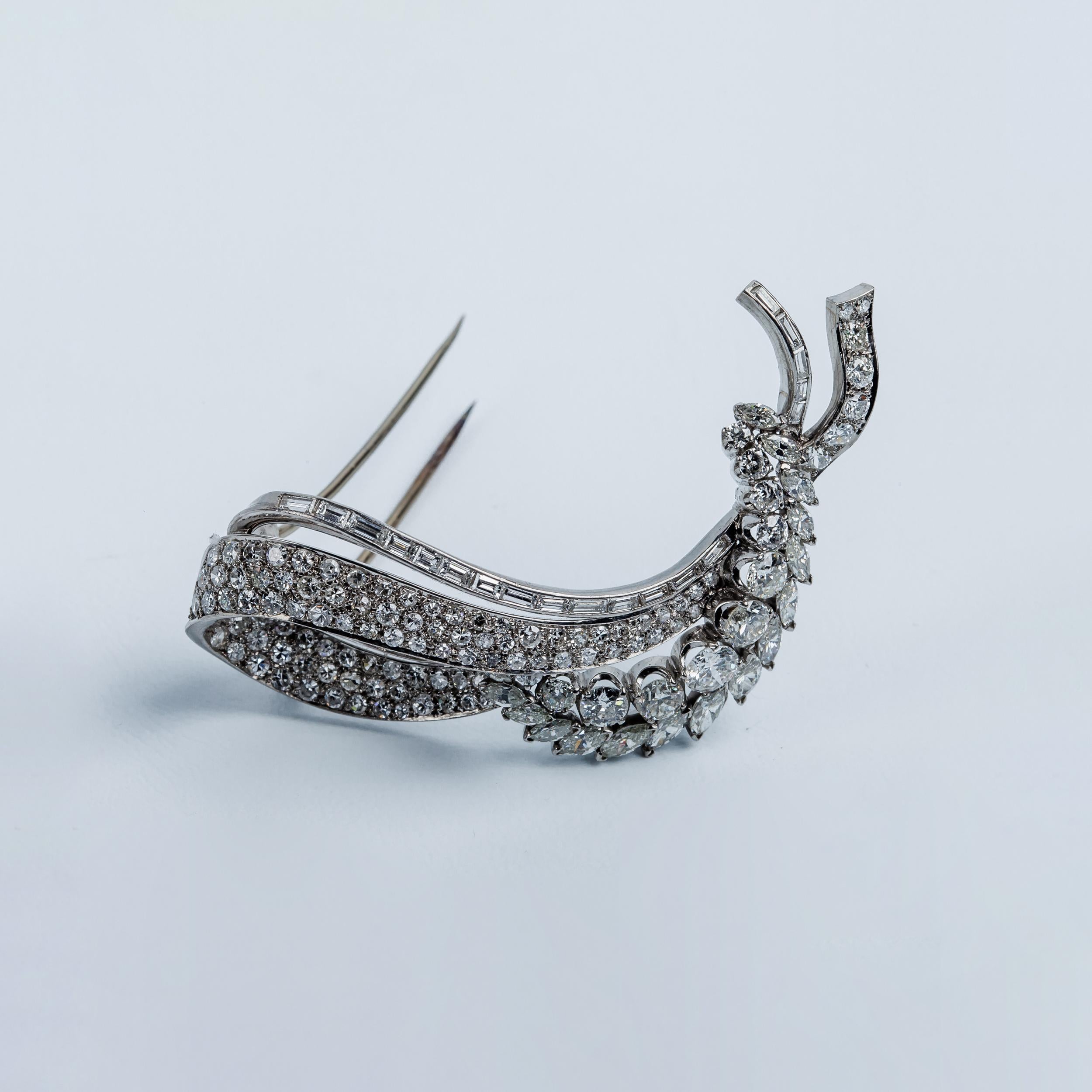 Women's or Men's 1940s Spike Platinum Brooch with Marquisse and Baguette White Diamonds For Sale