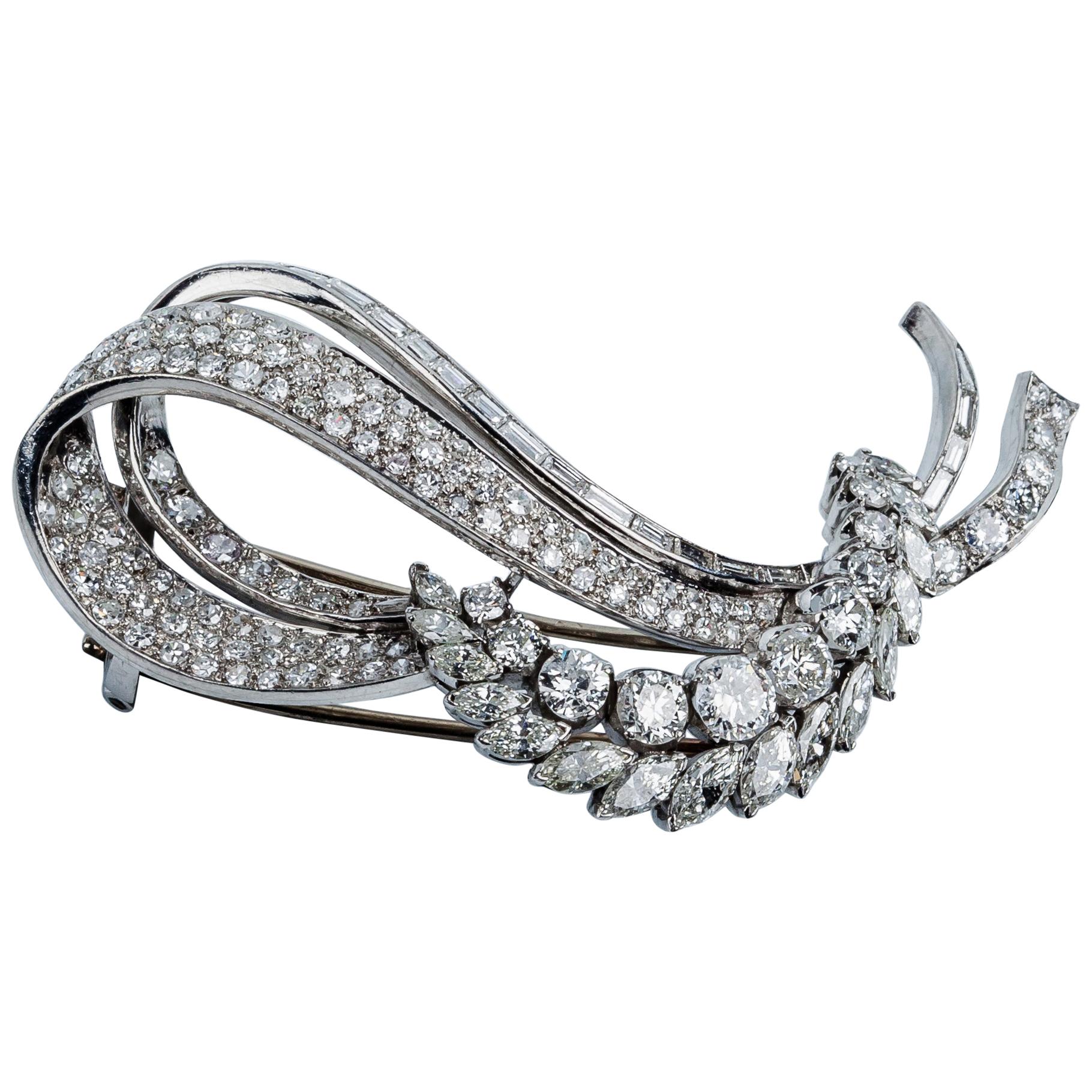 1940s Spike Platinum Brooch with Marquisse and Baguette White Diamonds For Sale