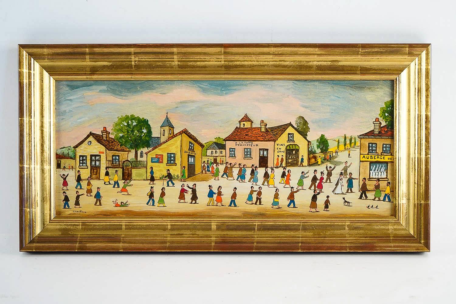 An exciting and decorative small oil on panel, The Wedding French naïve school, circa 1951.

Measurements unframed: H 9.44 in., W 22.04 in.
Measurements with frame: H 12.99 in., W 25.59 in.

Our painting is an excellent condition.

Jean Fous,