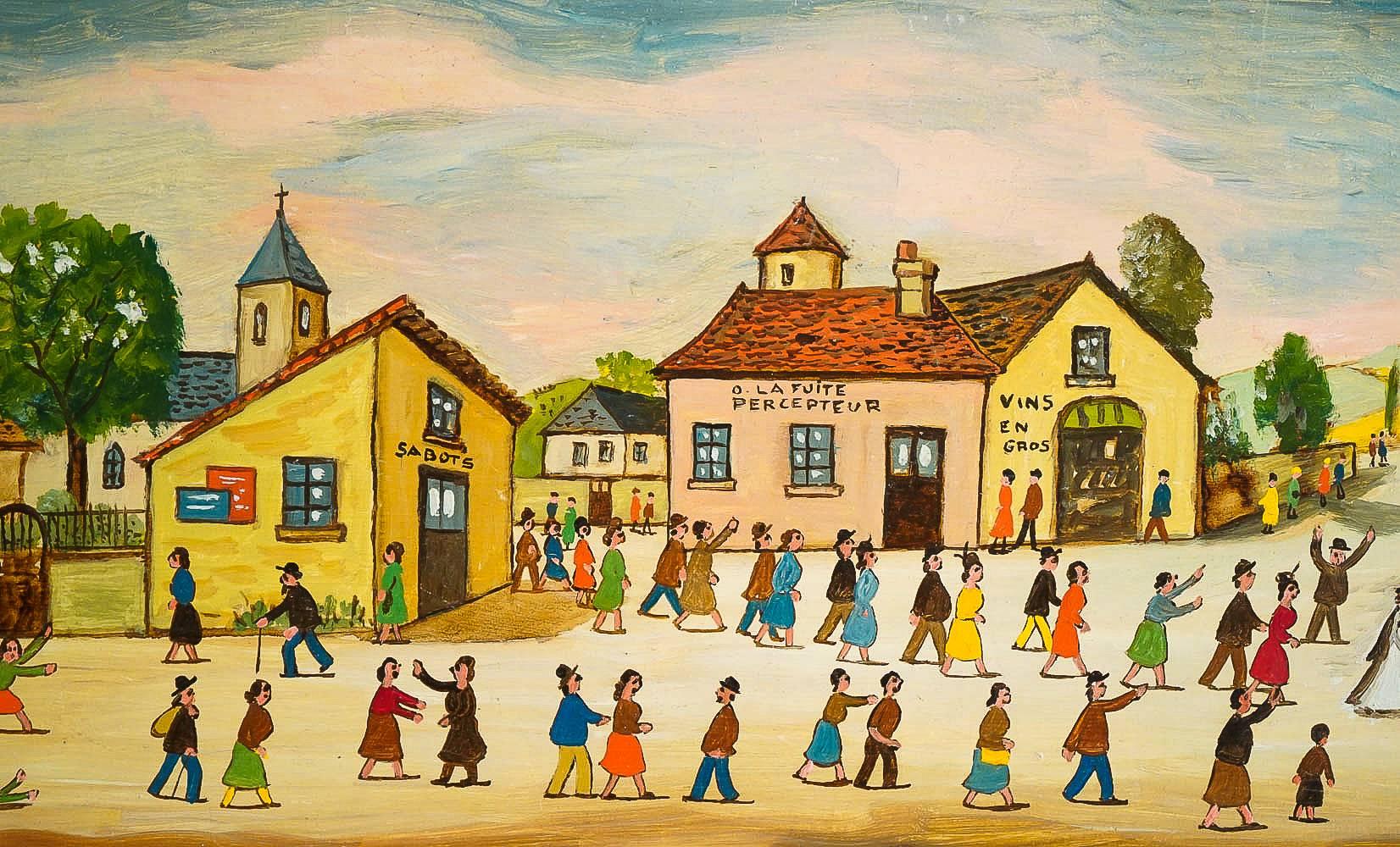 20th Century Fous Jean, French Naïve School Oil on Panel La Noce, circa 1951 For Sale