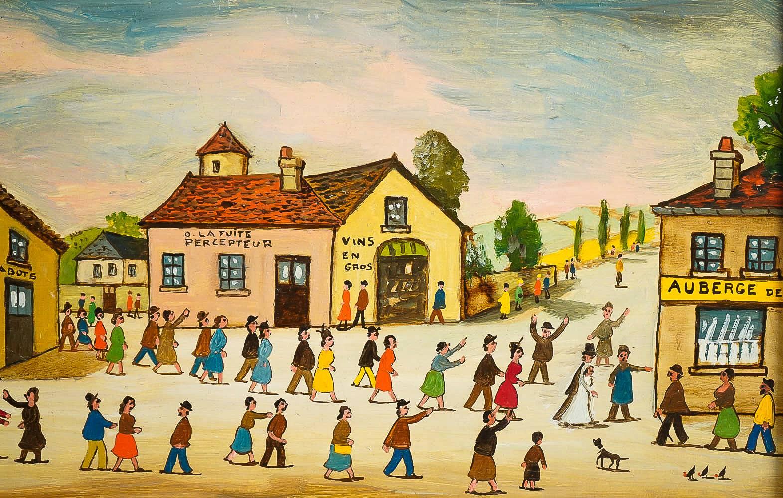 Canvas Fous Jean, French Naïve School Oil on Panel La Noce, circa 1951 For Sale
