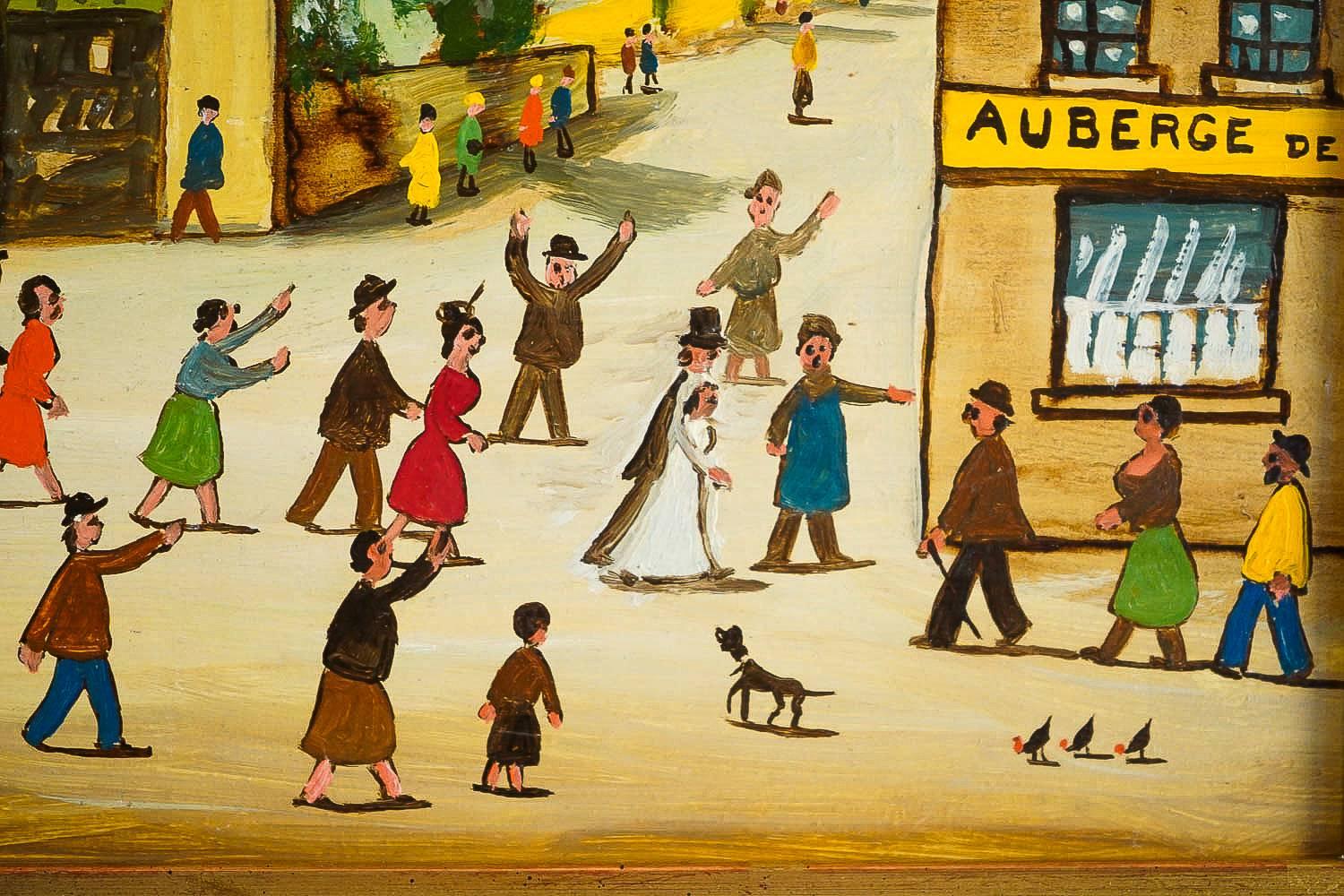 Fous Jean, French Naïve School Oil on Panel La Noce, circa 1951 For Sale 3