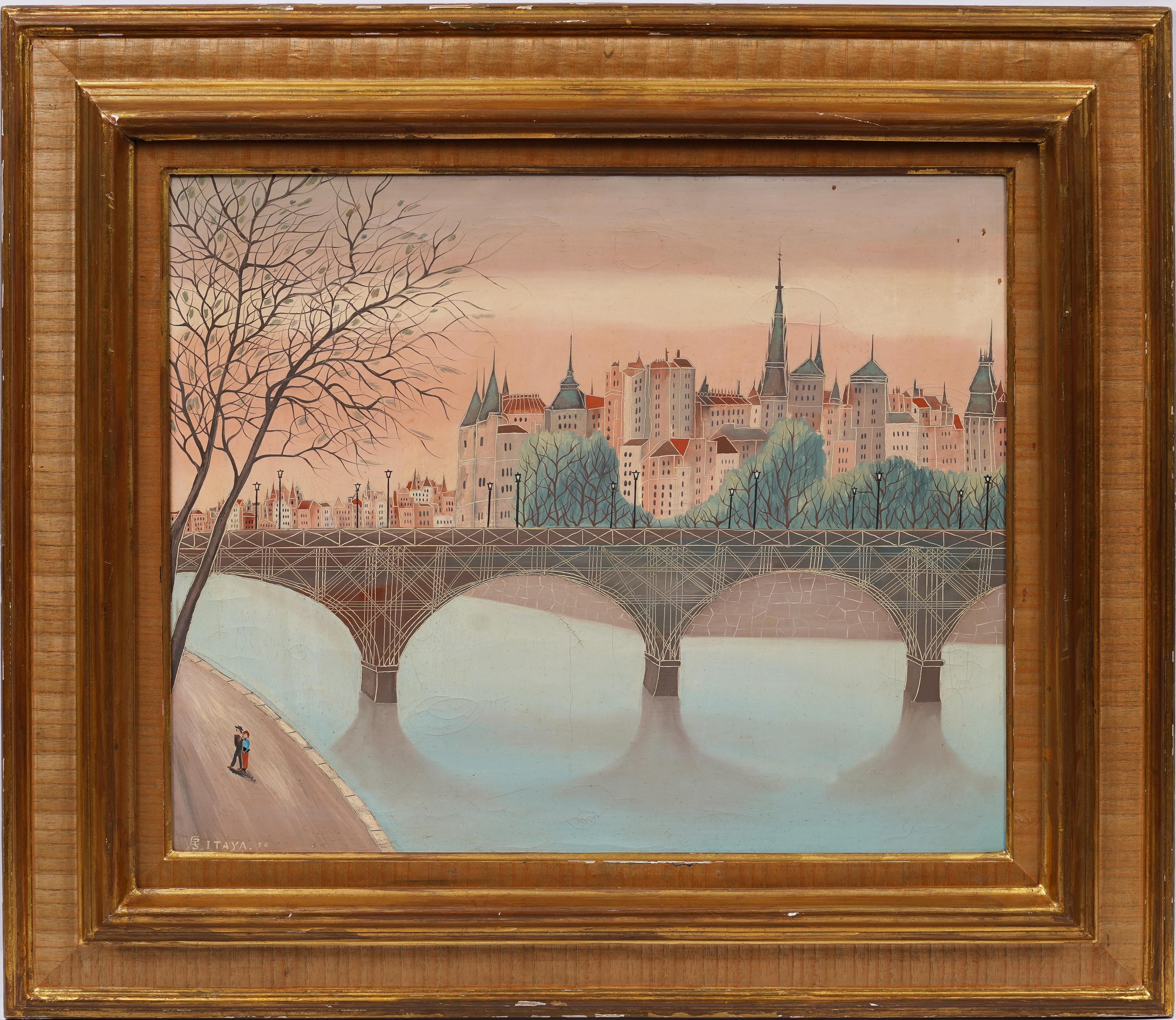 Antique French Japanese Modernist Paris Cityscape Signed Sunset Oil Painting