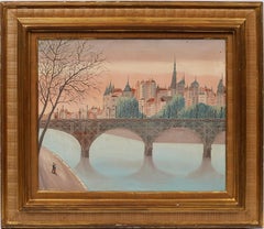 Antique French Japanese Modernist Paris Cityscape Signed Sunset Pintura al óleo