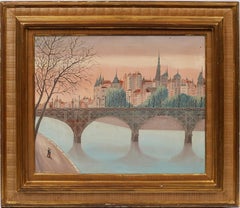 Retro French Japanese Modernist Paris Cityscape Signed Sunset Oil Painting