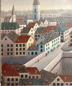 Large Surrealist French Japanese European Cityscape Oil painting Foussa Itaya