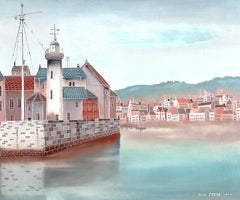 The Harbour - Large Mid 20th Century French France Seaside Folk Art Painting