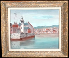 The Harbour - Large Mid 20th Century French France Seaside Folk Art Painting