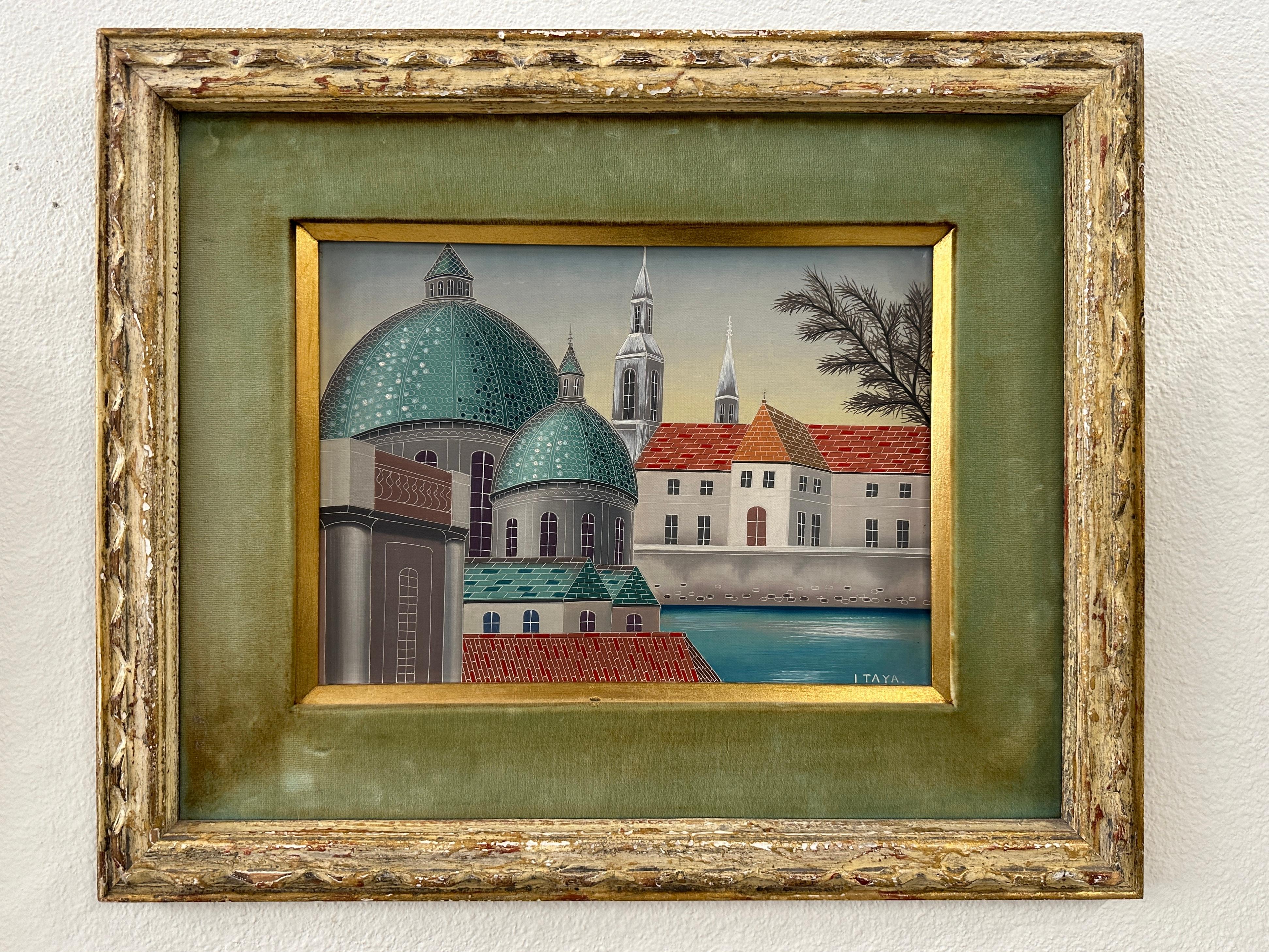 A pretty painting by the Japanese born Painter Foussa Itaya. The artist studied in Japan and went on to exhibit all over the world. This city scene along with another we have listed for sale were likely painted in the 1960’s.
The painting is in good