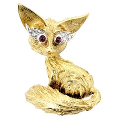 Fox Brooch in 18 Karat Yellow and White Gold with Round Diamond and Ruby Accents