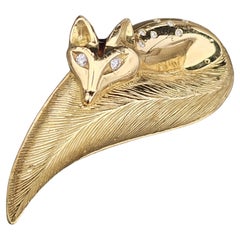 Fox Brooch Pin 18k Yellow Gold Italy Diamond Eyes Enamel Head 2" Long Heavy 19.6