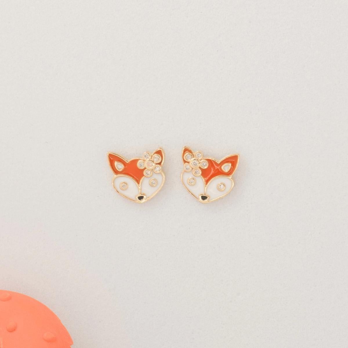 Art Deco Fox Diamond Kids Earrings in 14k Solid Gold (Certified) For Sale